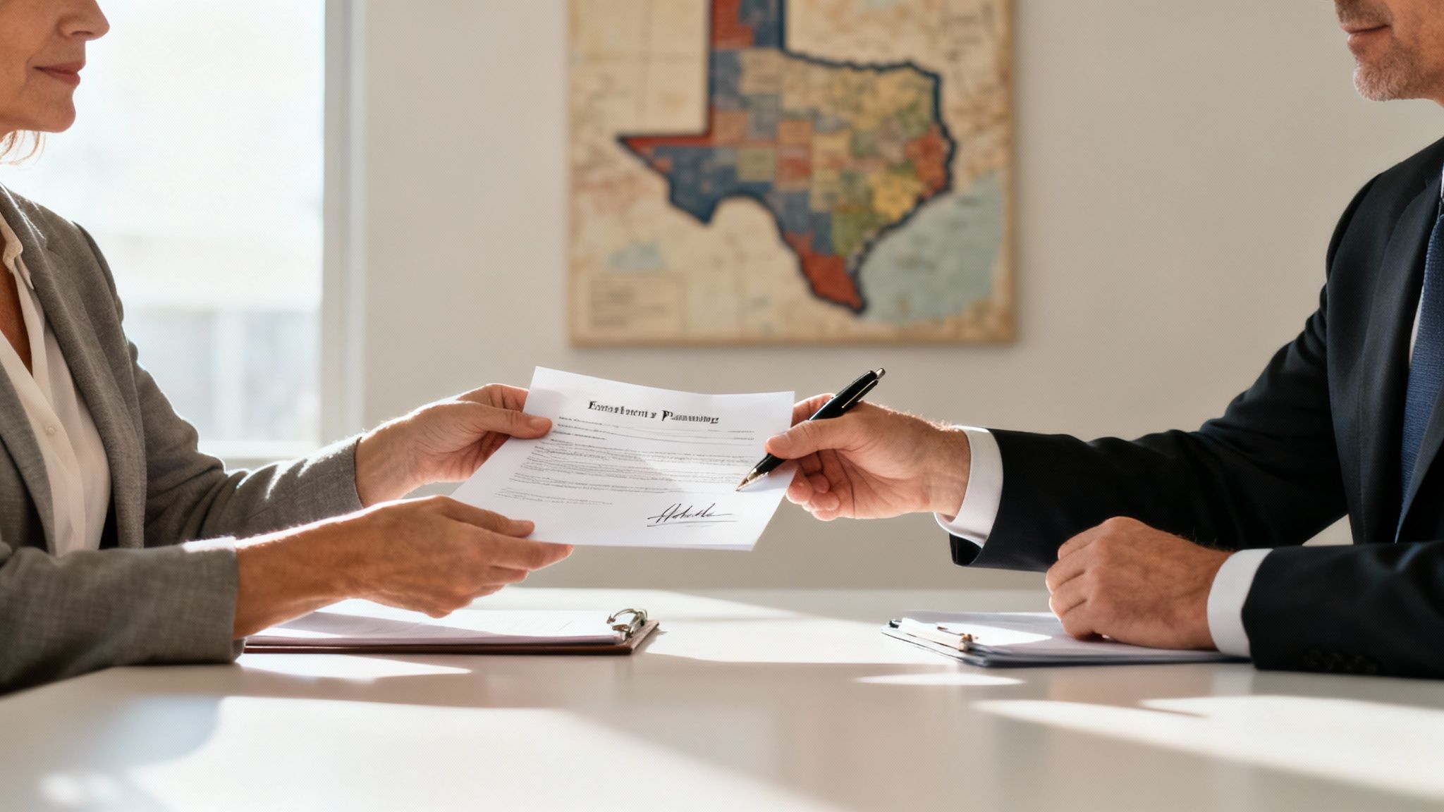 Two people exchange an estate planning document, one offering it while the other holds a pen ready to sign.