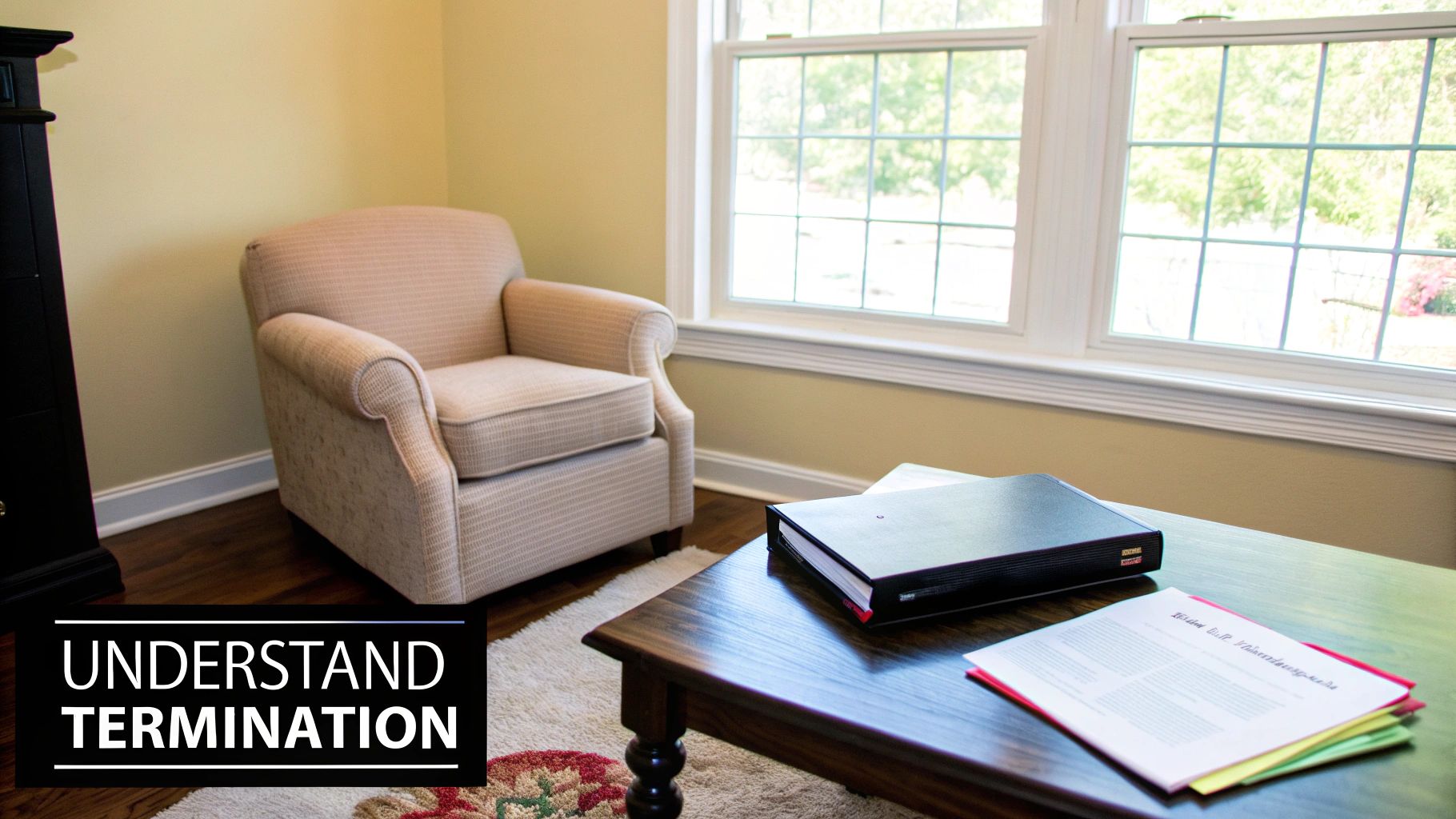 A comfortable armchair, a table with legal documents, and a window in a quiet room.