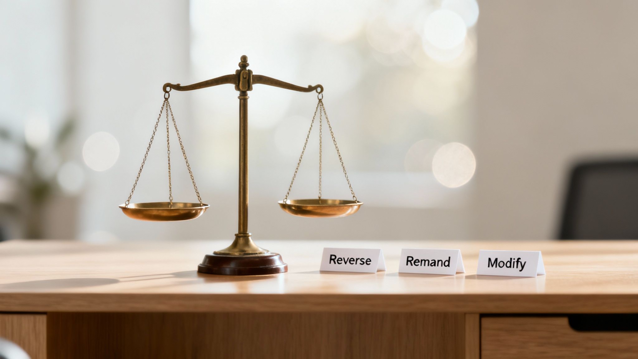 Scales of justice on a wooden desk with cards reading Reverse, Remand, and Modify, symbolizing legal appeal outcomes.