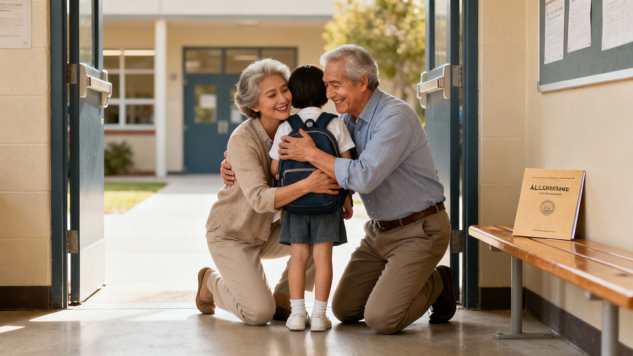 Grandparents hugging a young child with a backpack at a school entrance, smiling warmly.