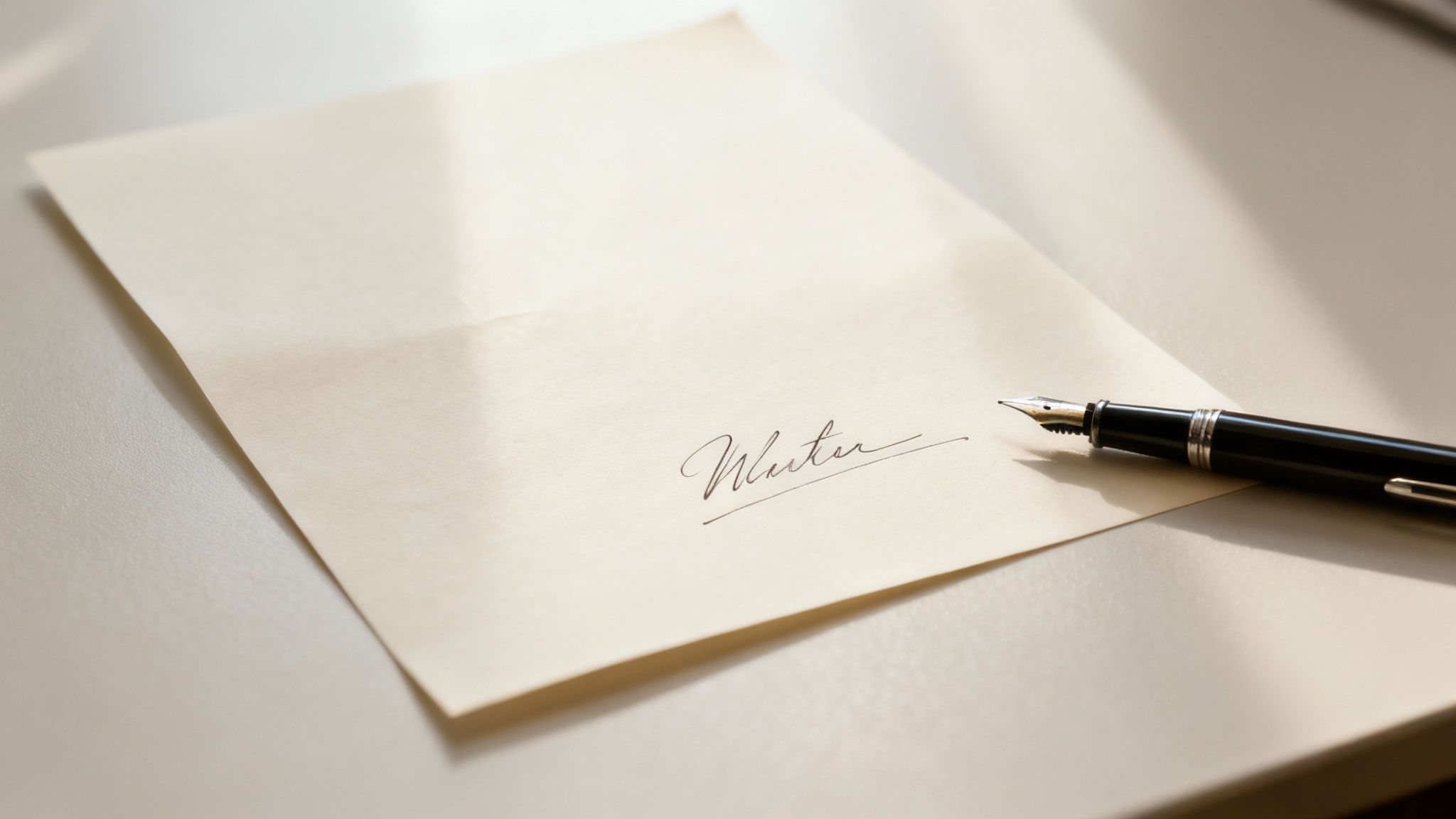 Handwritten note titled "Wishes" on cream-colored paper with a fountain pen, symbolizing the concept of holographic wills in Texas estate planning.