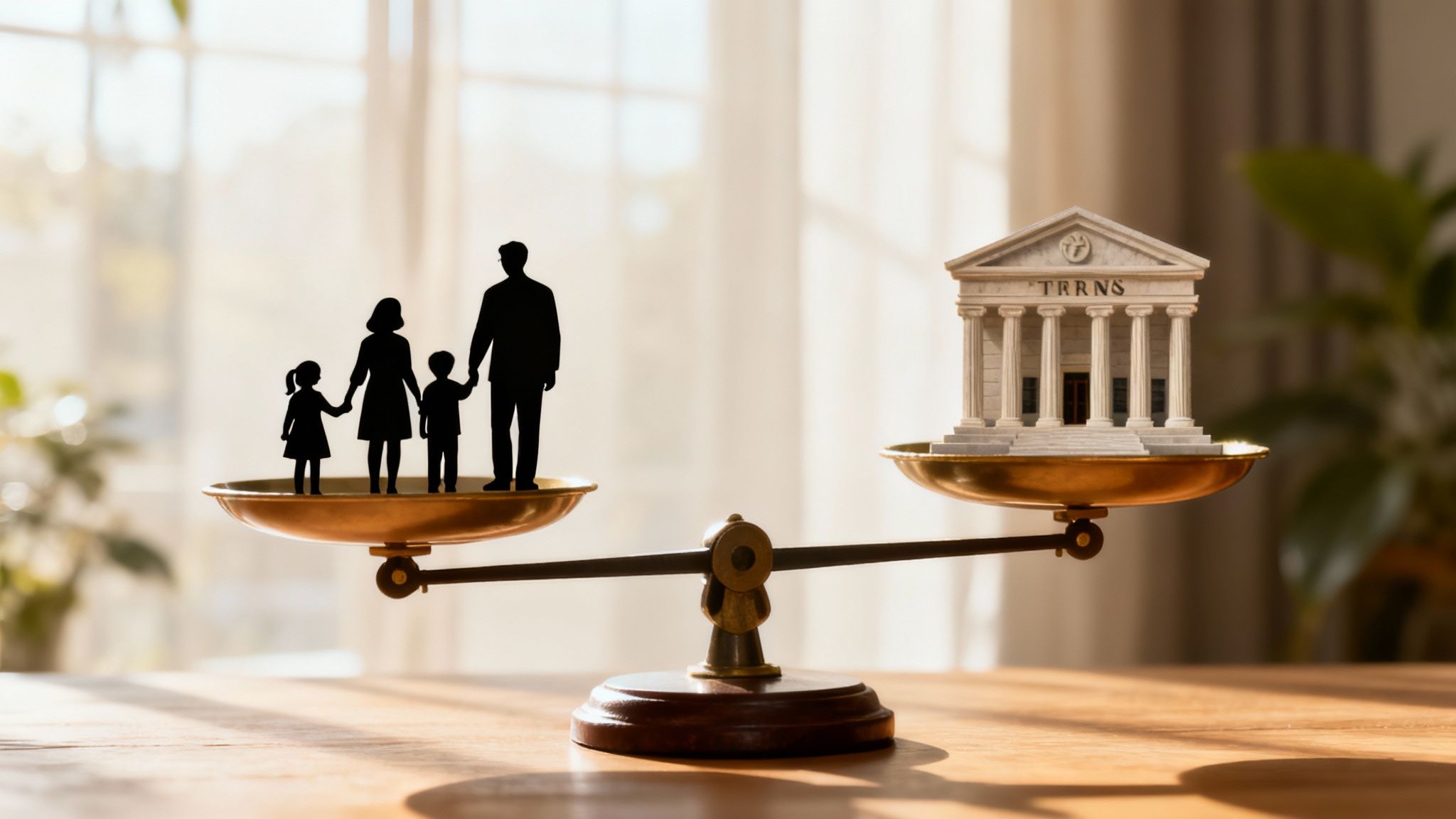 A family member and a professional in suits shaking hands over a desk, representing the choice between a personal and corporate trustee.