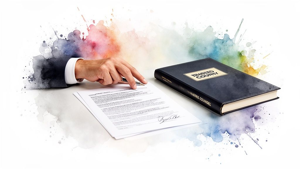 A professional's hand points to a legal document next to a 'Trusted Counsel' book, on a watercolor background.