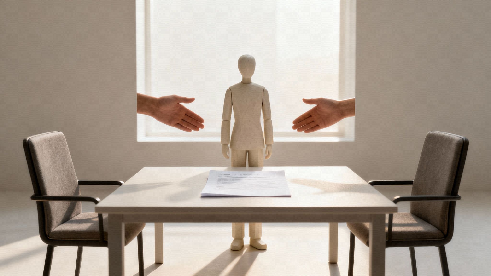 A diverse group of people sitting around a table in a bright, modern office, engaged in a collaborative discussion.