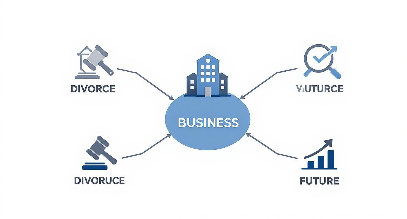 A conceptual diagram illustrating business, its valuation aspects, legal considerations like divorce, and future outlook.