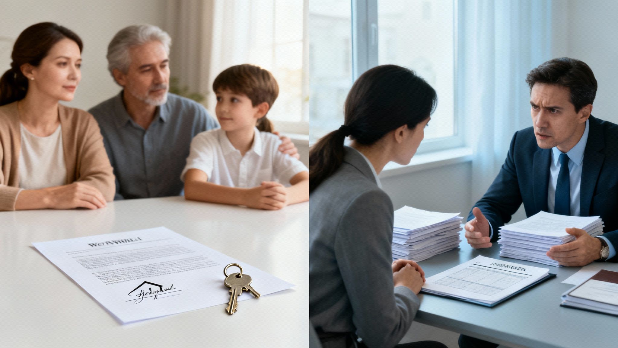 Two different houses representing two different family estates, one well-maintained and the other in disrepair, symbolizing the different probate outcomes.