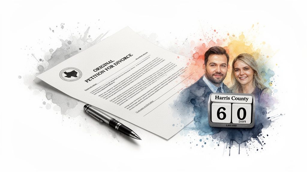 Original petition for divorce document with Harris County emblem, pen, and a couple's portrait, symbolizing the divorce process in Texas.