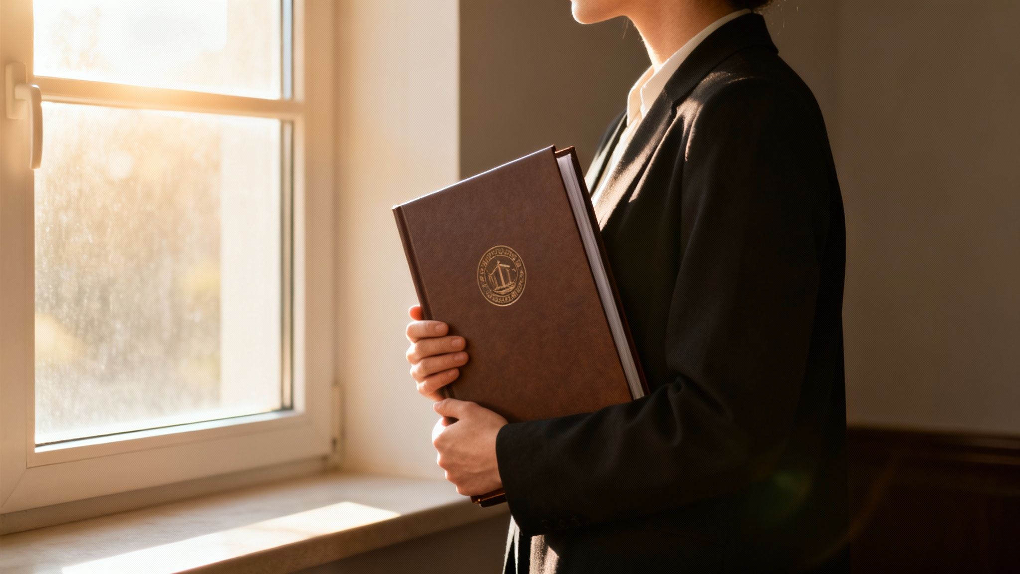 A person in a suit holds a brown legal book with a golden emblem near a sunlit window.