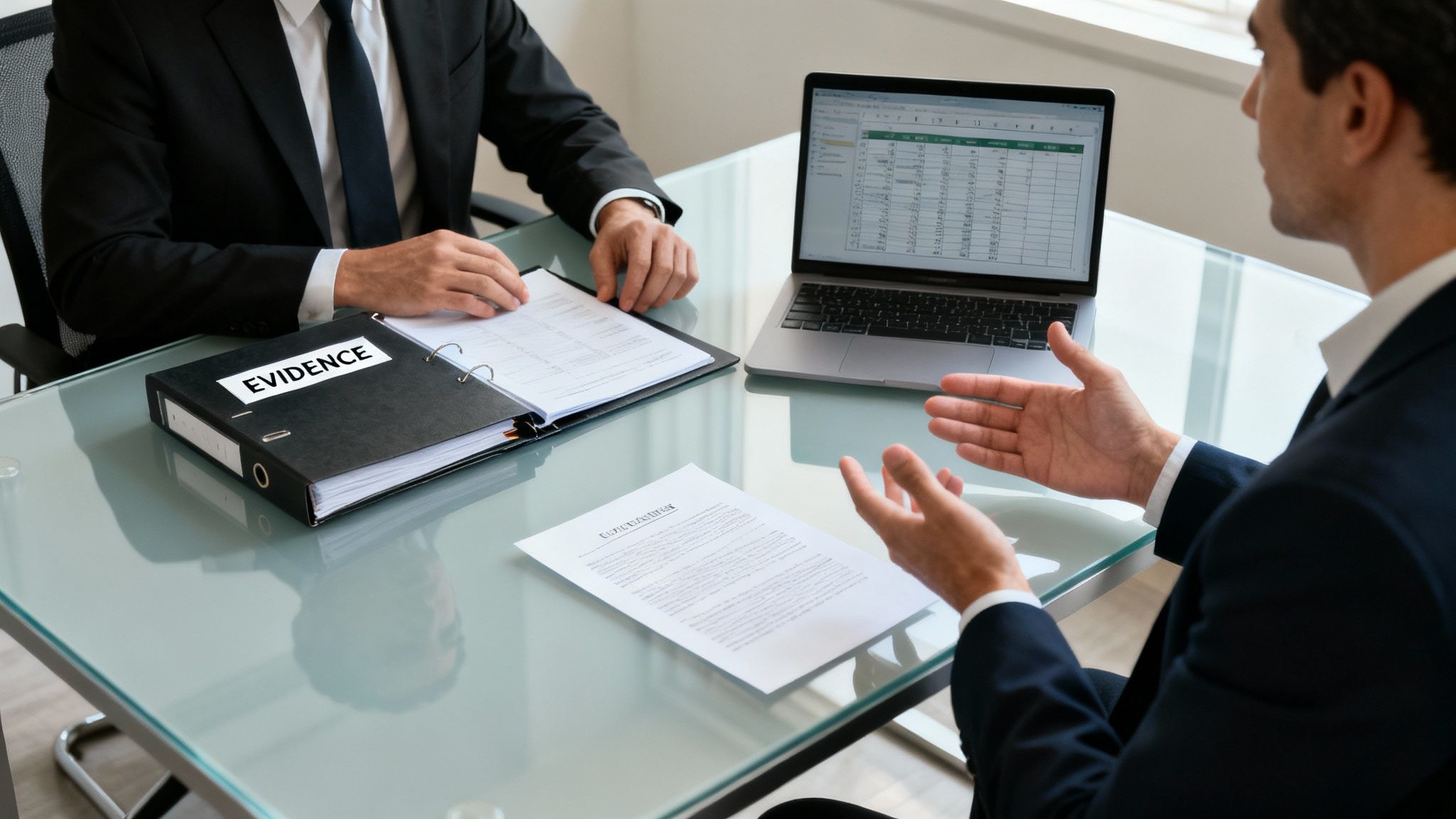 Legal consultation with a focus on evidence, featuring a binder labeled "EVIDENCE," documents on a glass table, and a laptop displaying data, emphasizing strategic defense against white-collar crime allegations.