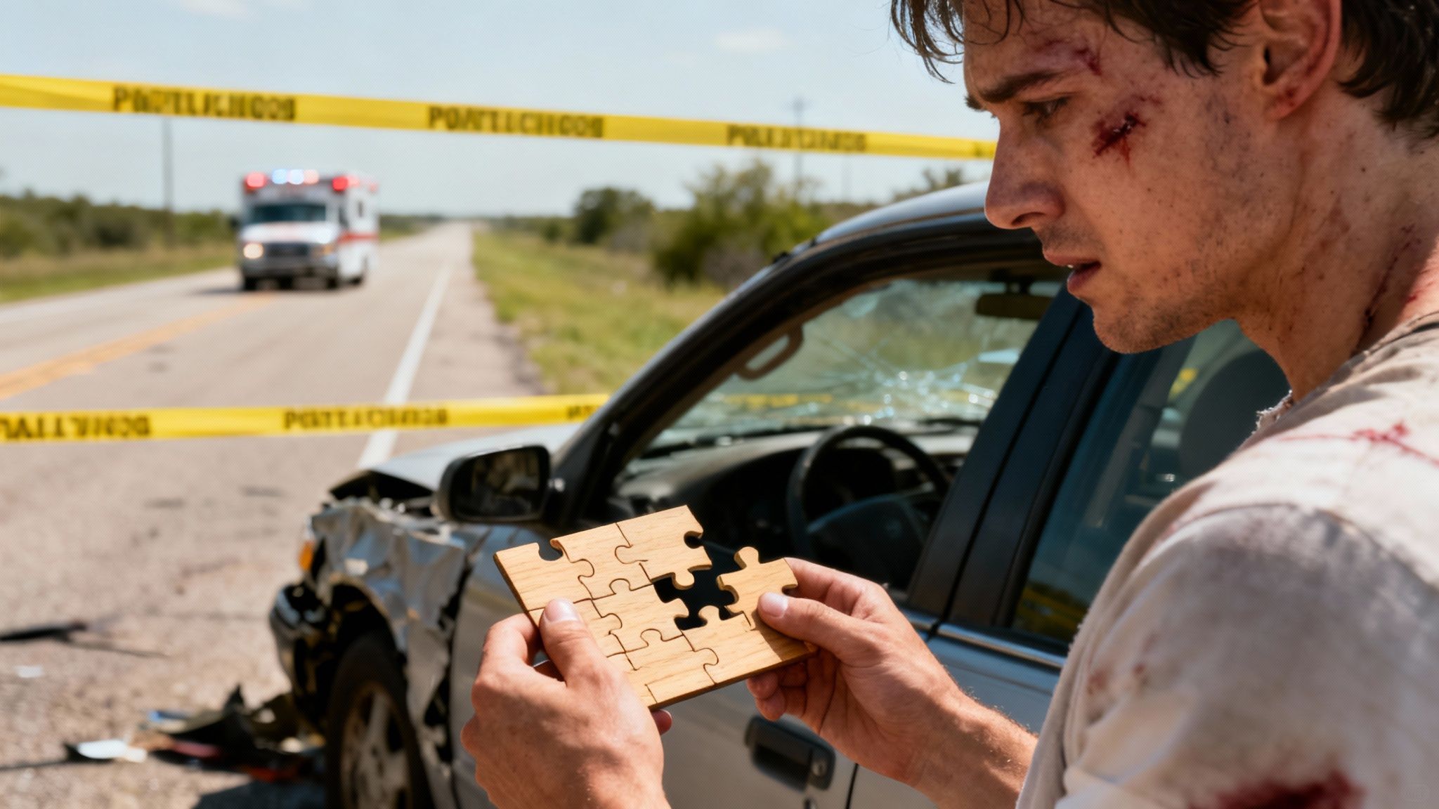 Injured man holding a wooden puzzle at a car crash scene with an ambulance approaching.