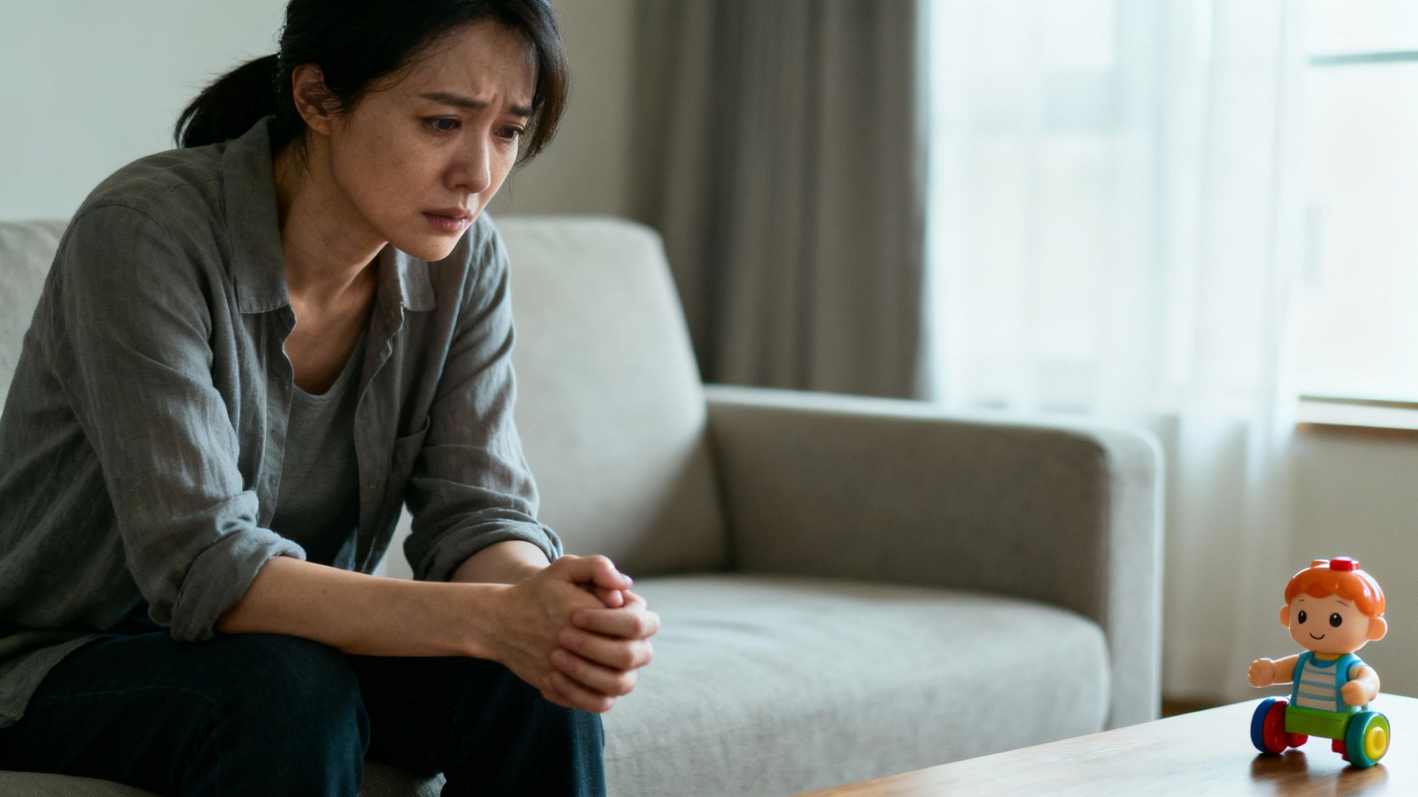 A worried parent looking out a window.
