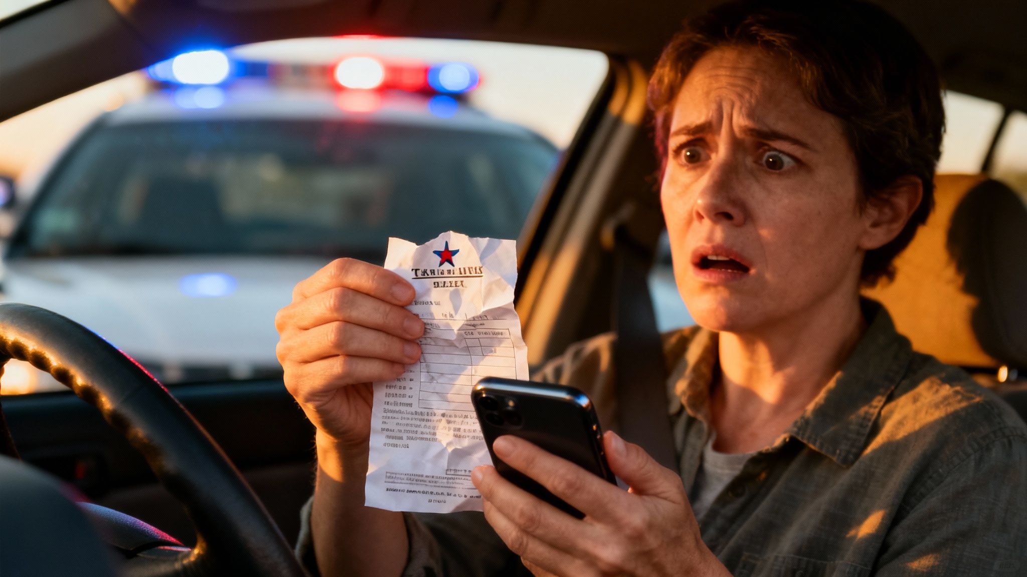 A distressed woman in a car holds a crumpled ticket and phone, with a police car behind her.