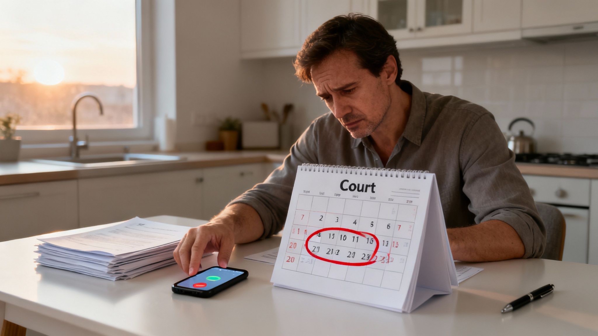 A distressed man looks at a court calendar with important dates circled in red, near his phone.