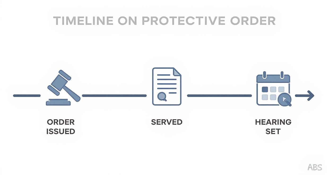Timeline infographic showing three stages of protective order process: order issued, served, and hearing set