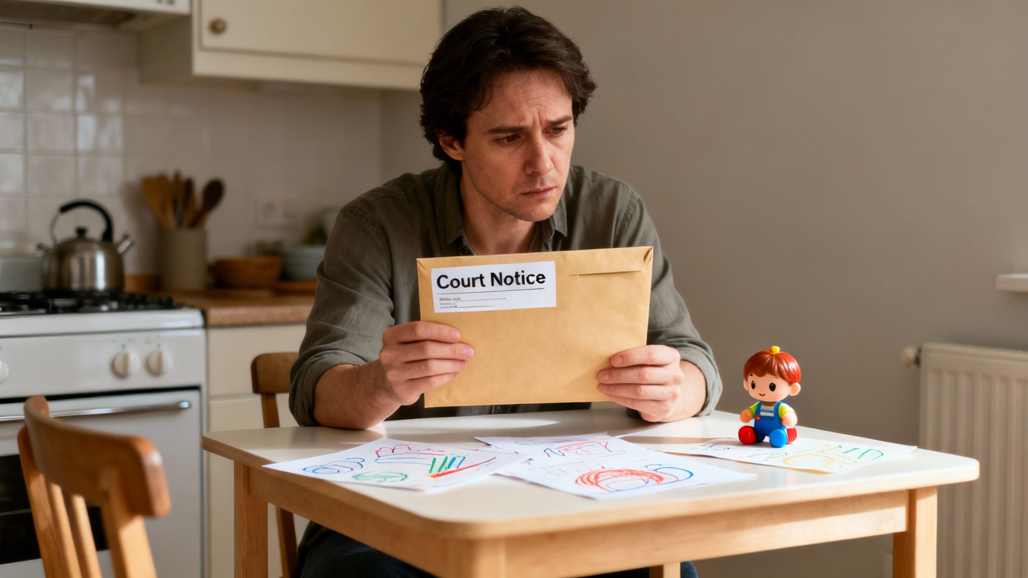 A worried man holding a "Court Notice" envelope at a table with kids' drawings and a toy.