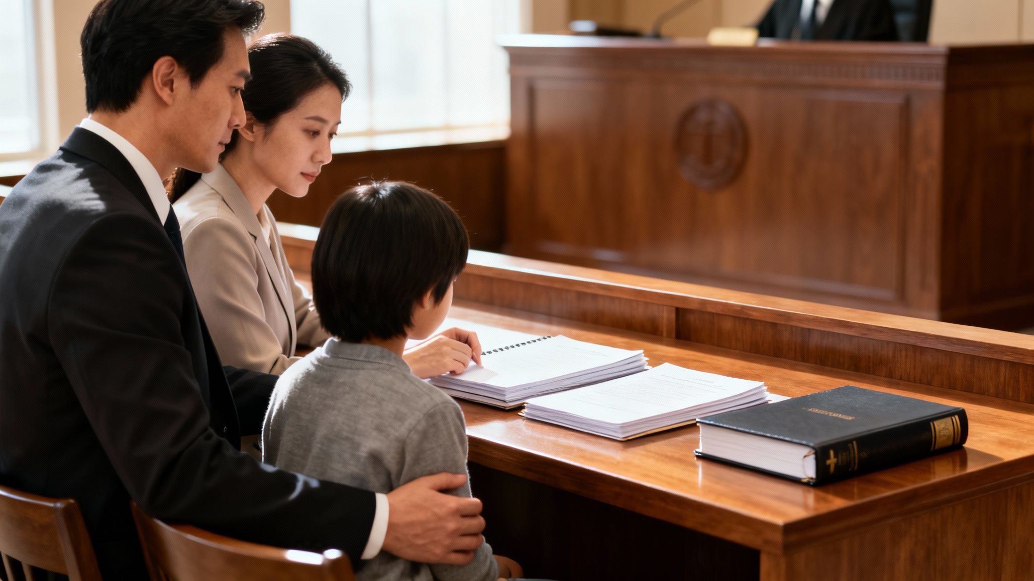A family, including a man, woman, and child, sits attentively at a wooden table in a courtroom.