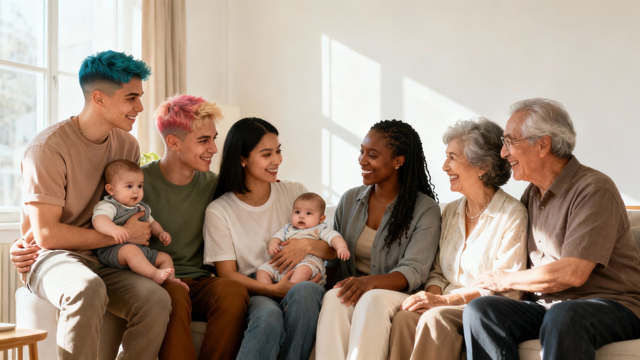 A diverse multi-generational family, including babies and elderly, sits happily on a couch.