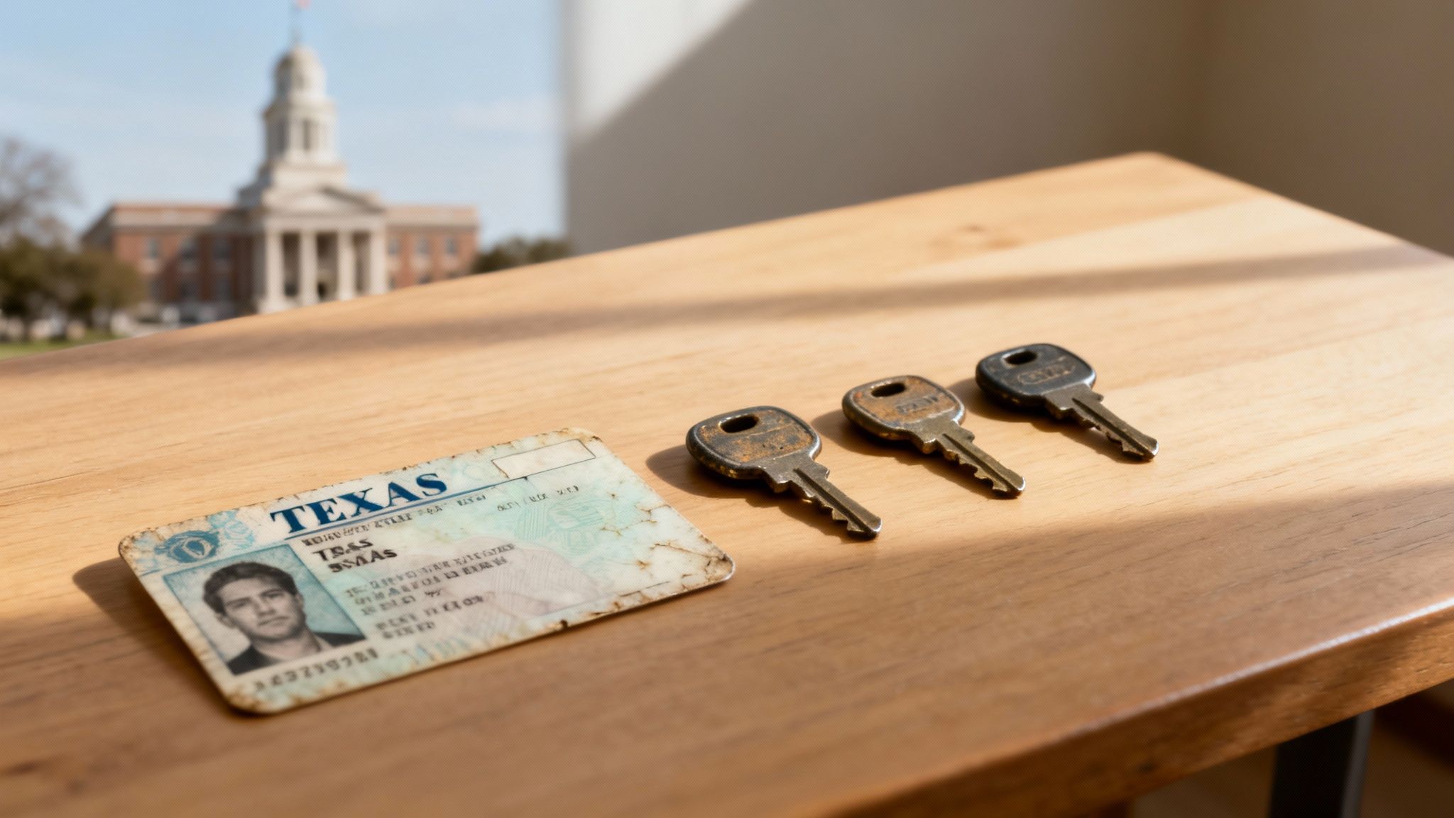 Texas driver's license and three keys on a wooden table with a courthouse in the background, symbolizing legal matters related to DWI charges.