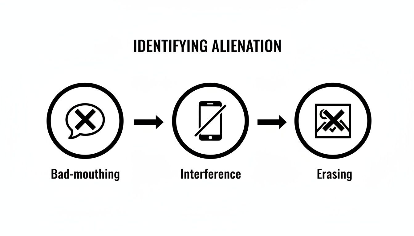 A flowchart detailing three stages of identifying alienation: bad-mouthing, interference, and erasing.
