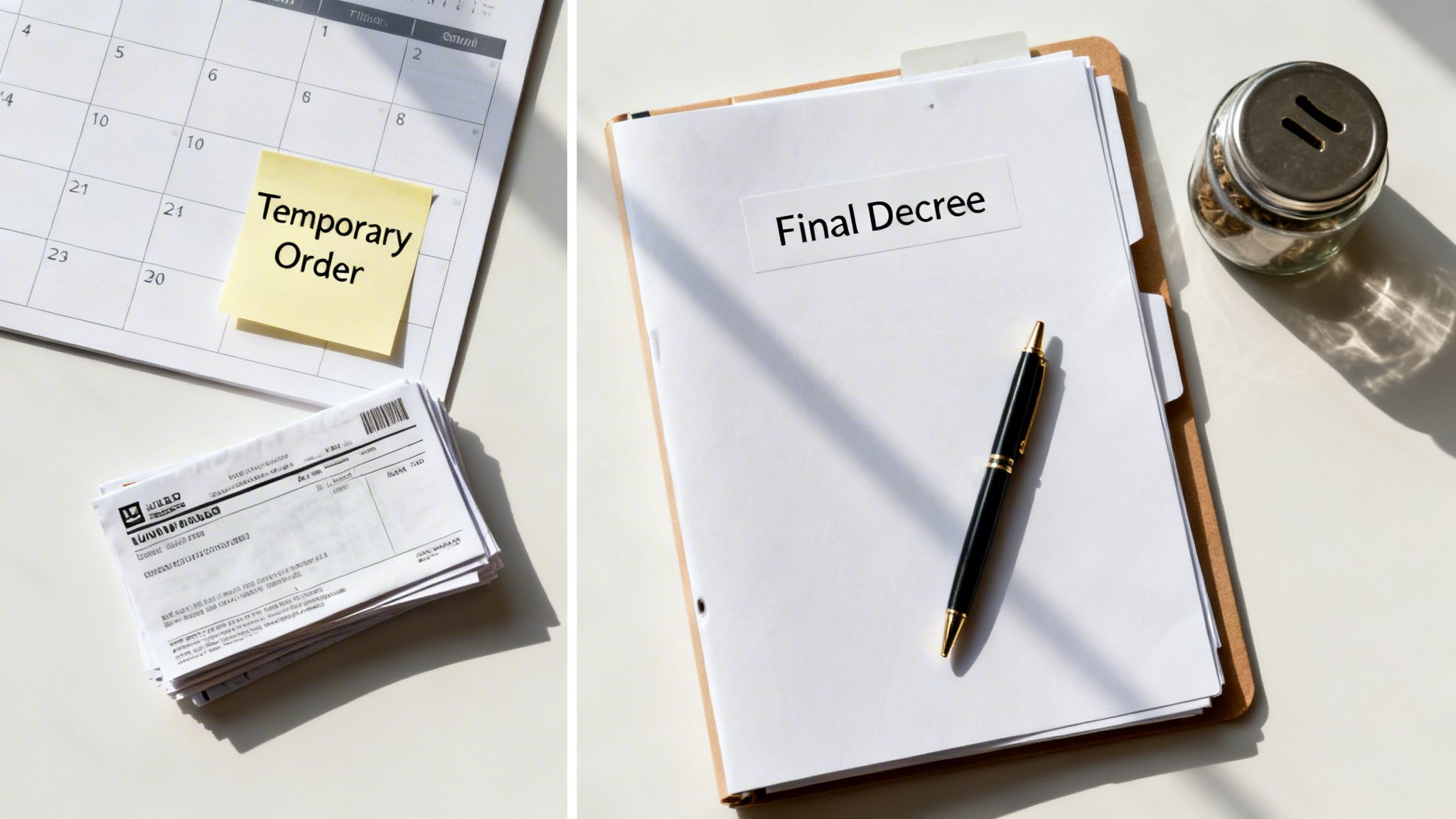 Documents contrasting 'Temporary Order' and 'Final Decree' with a calendar and pen, representing legal proceedings.
