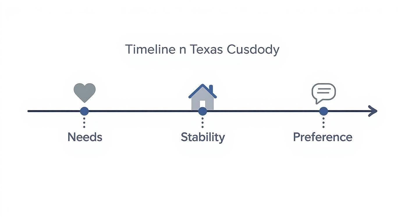 Timeline graphic illustrating key factors in Texas custody cases: Needs, Stability, and Preference.