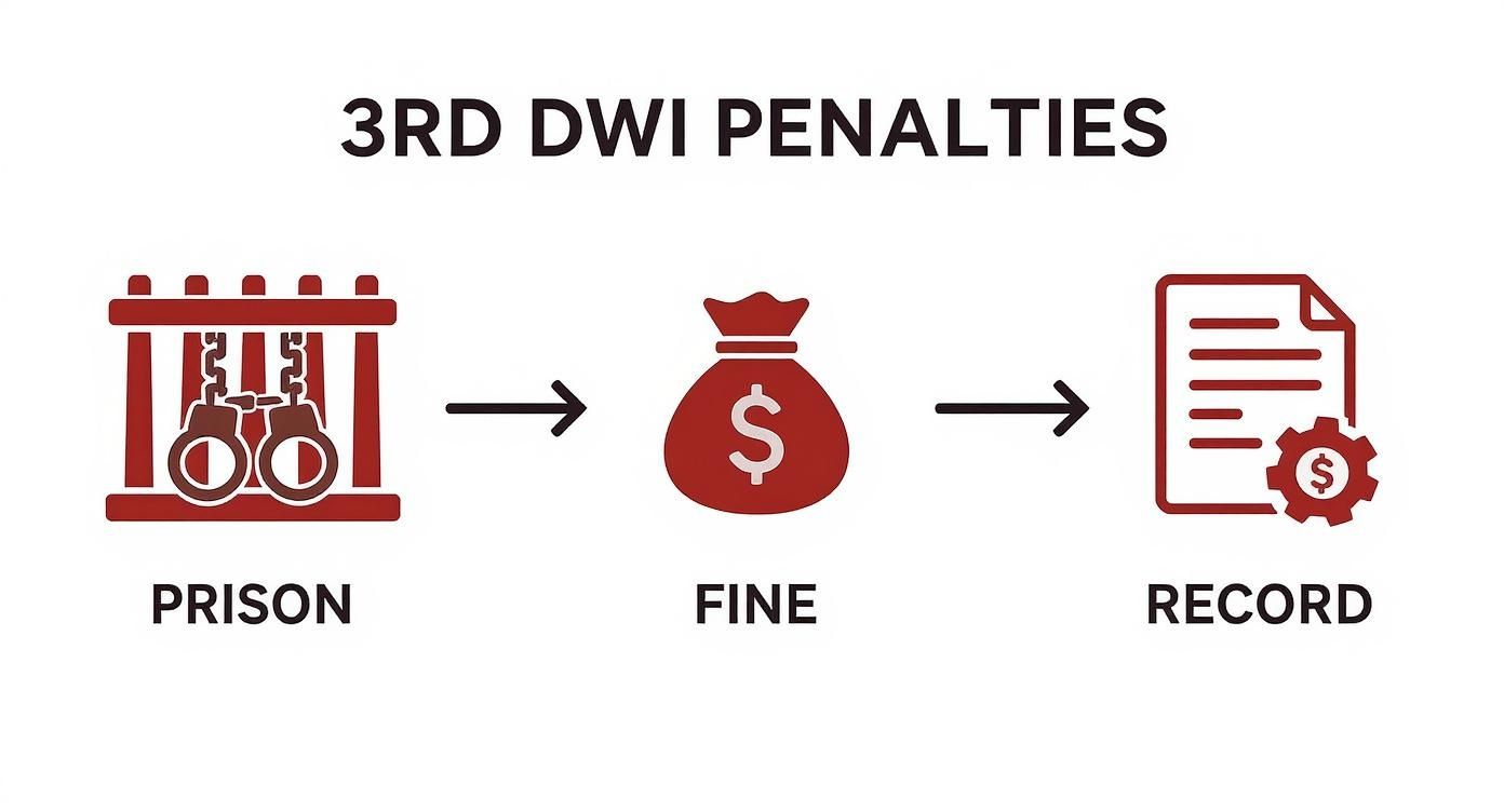Third DWI offense penalties progression showing prison time, monetary fines, and permanent criminal record consequences