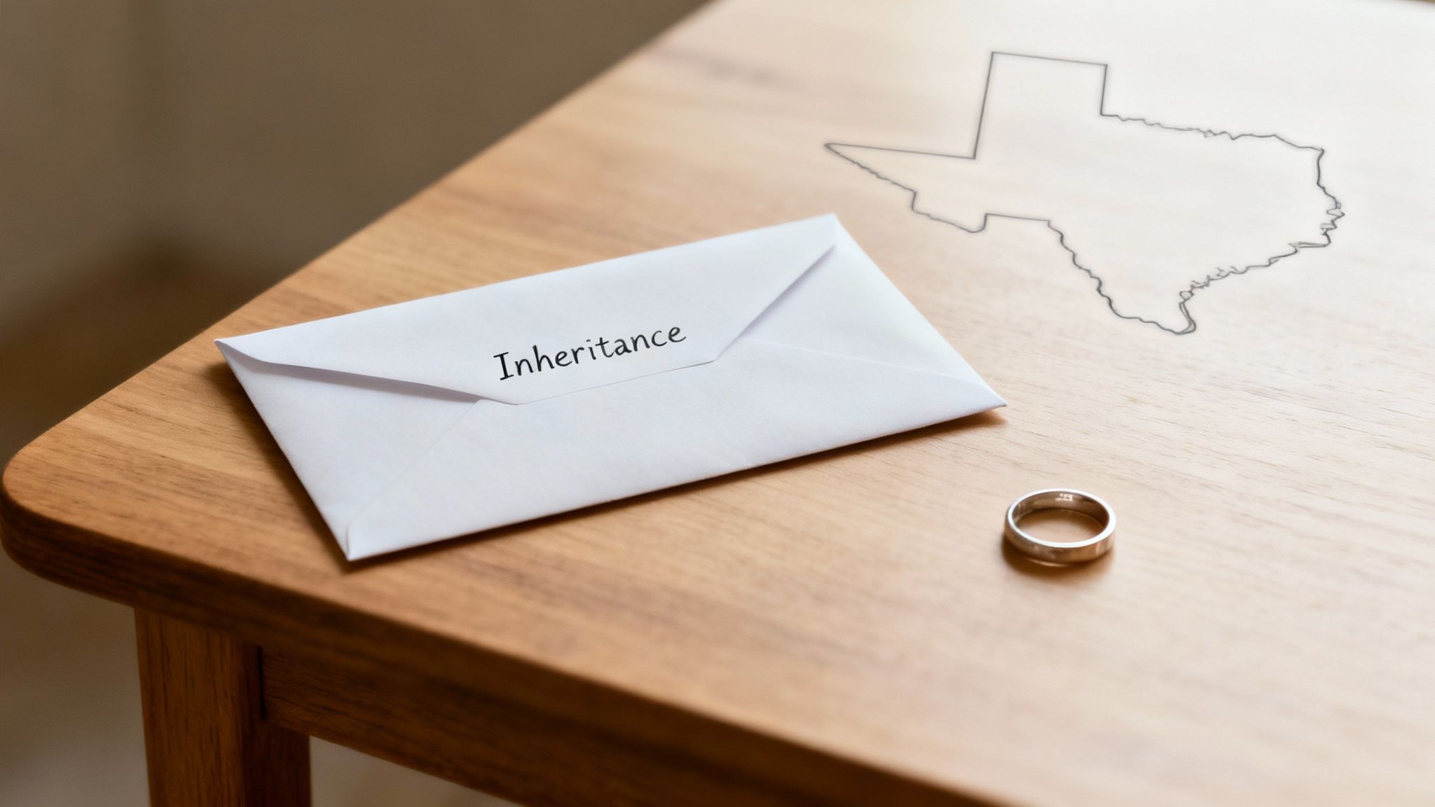 An envelope labeled 'Inheritance', a wedding ring, and a Texas state outline on a wooden table.