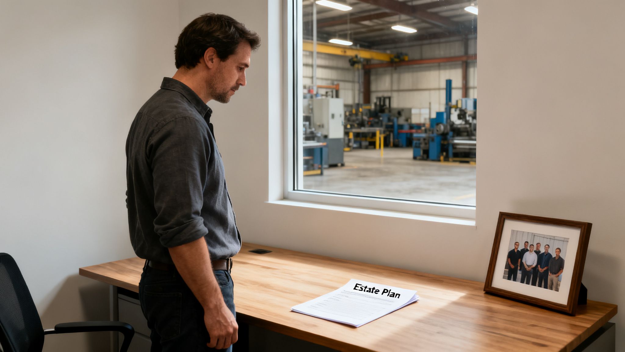A man in a business casual shirt looks at an 'Estate Plan' document on a wooden desk.