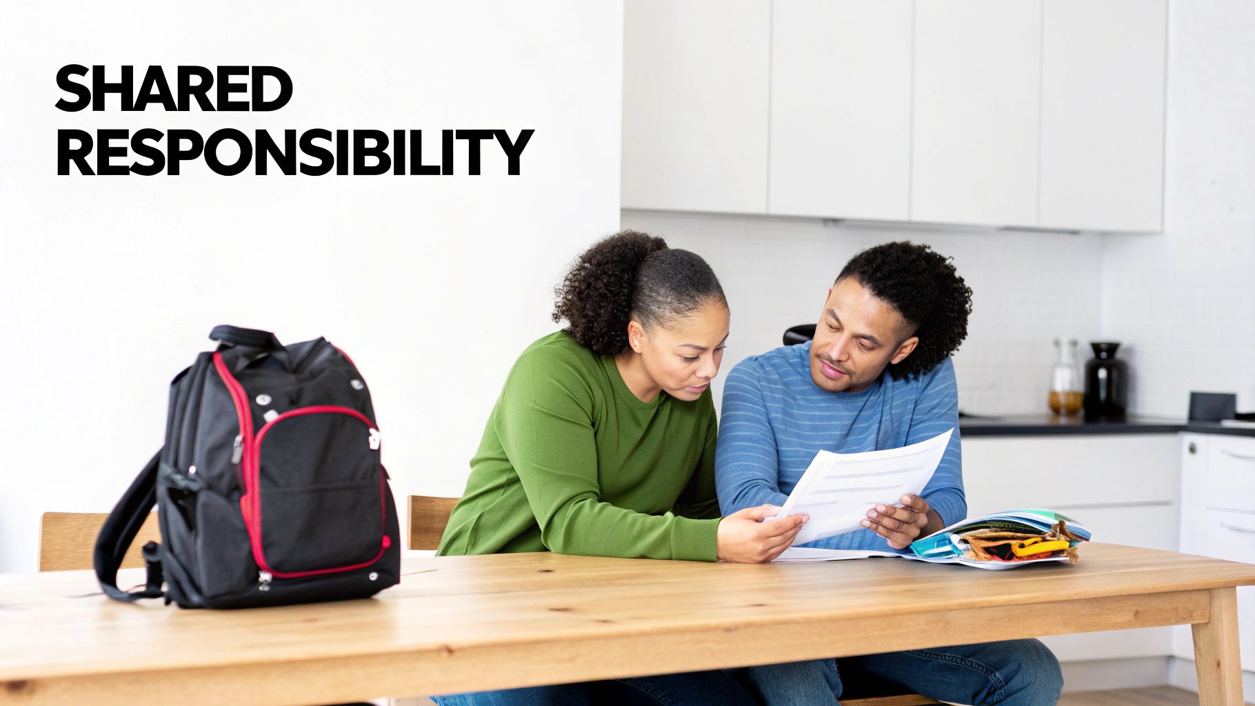 A couple sits at a wooden table, reviewing documents with a backpack nearby, symbolizing shared responsibility.