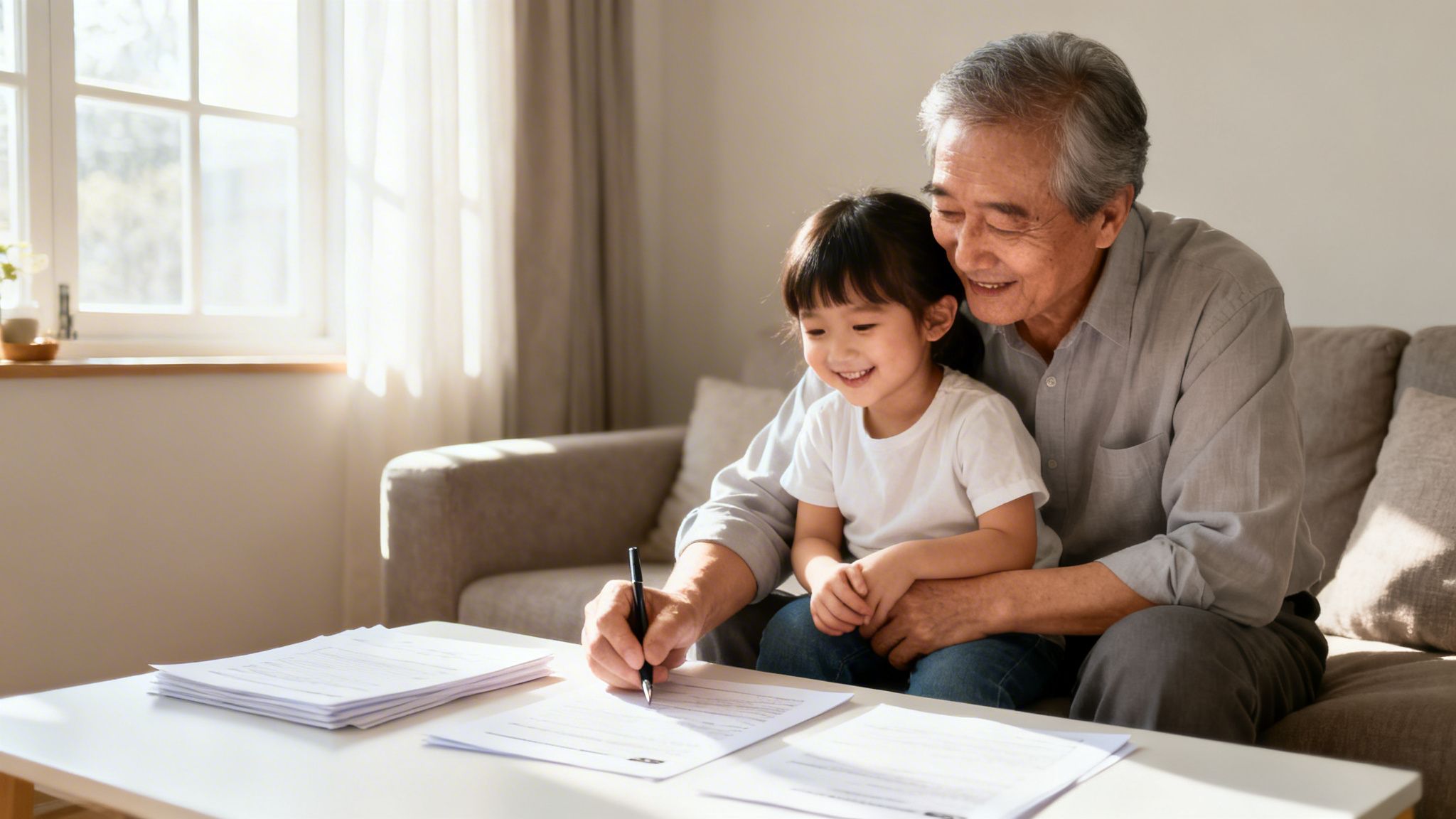 A smiling grandfather and granddaughter are signing legal documents together at home.