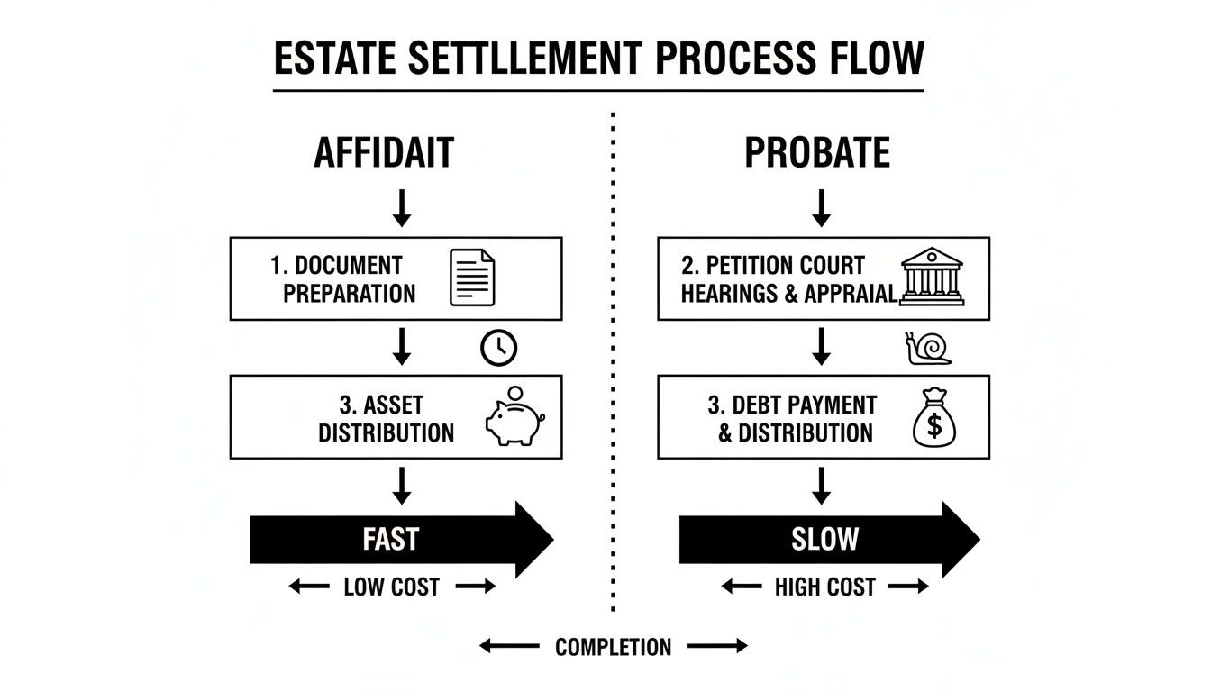 Estate settlement process flow diagram detailing affidavit and probate paths, including steps, cost, and time.