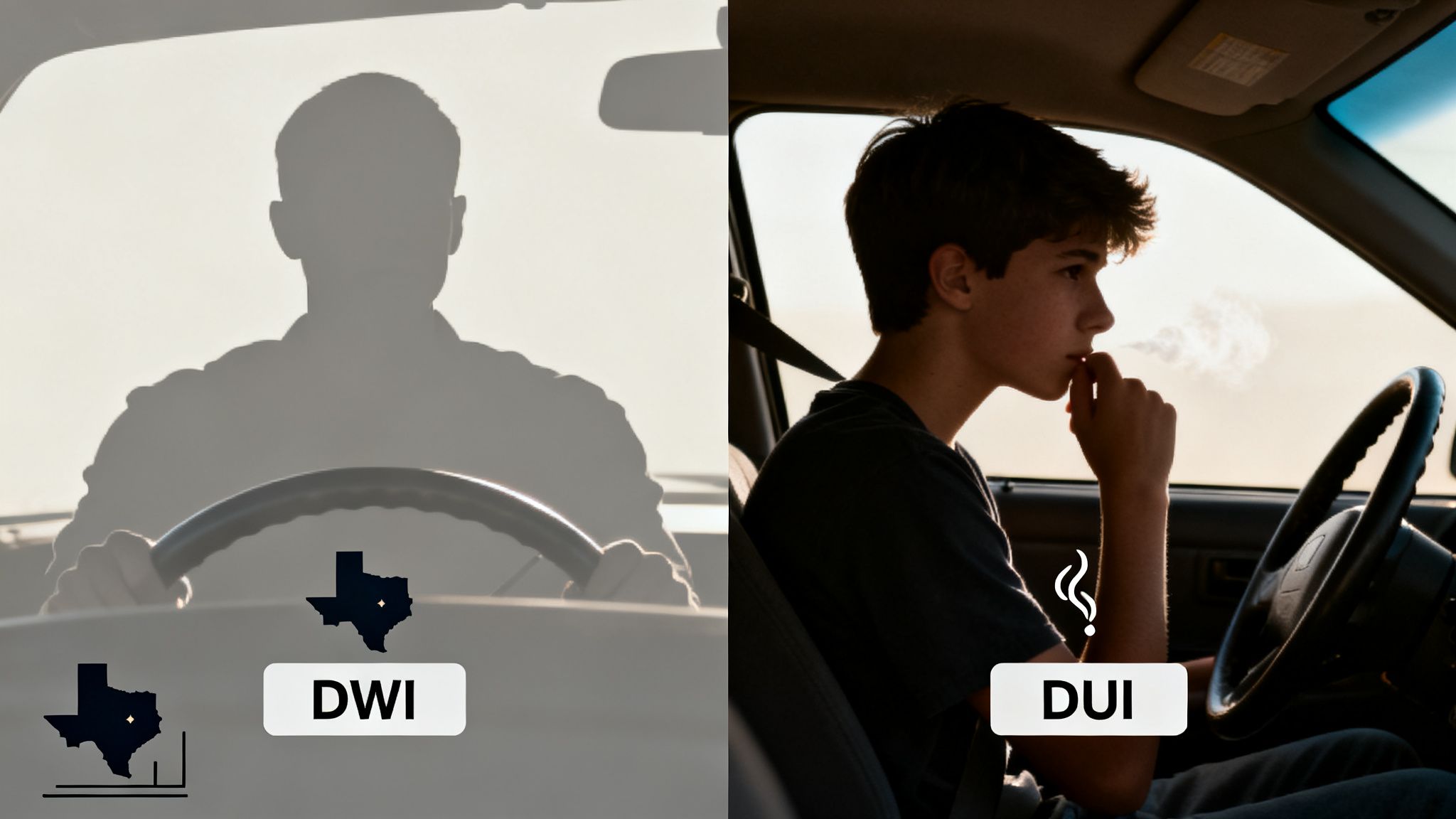 A split image illustrating DWI (silhouette) and DUI (young person smoking) concepts in Texas.