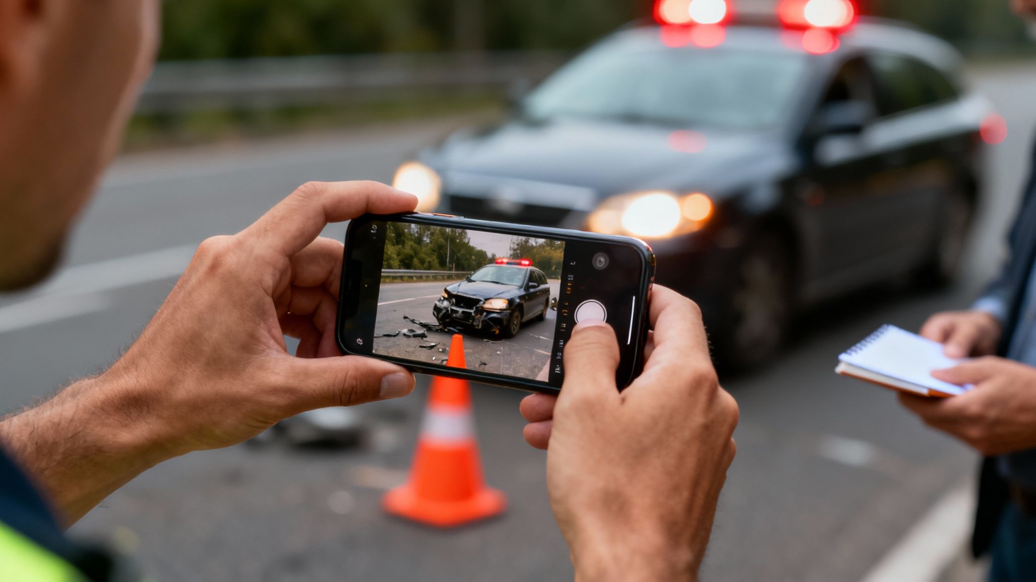 A person uses a smartphone to photograph a damaged car at an accident scene with a police car and officer.
