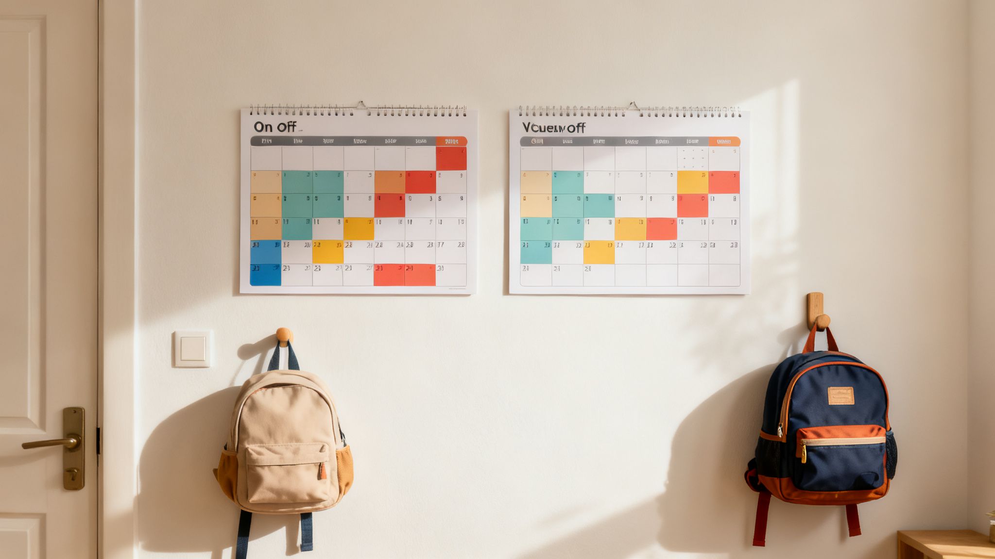 Two colorful calendars and two small backpacks hanging on a light-colored wall, with a door on the left.