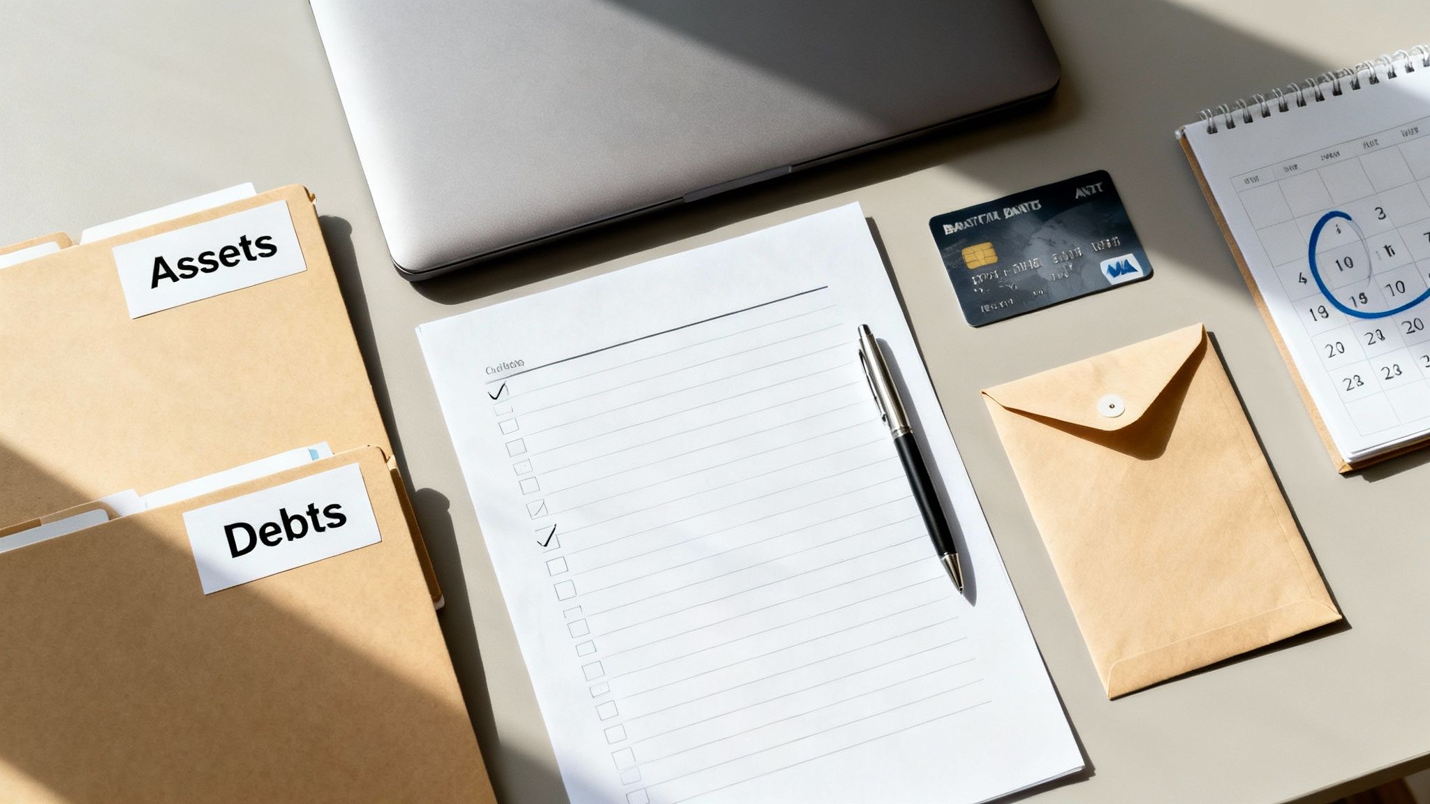 A person sitting at a desk, carefully organizing financial documents into neat piles, conveying a sense of control and preparedness.