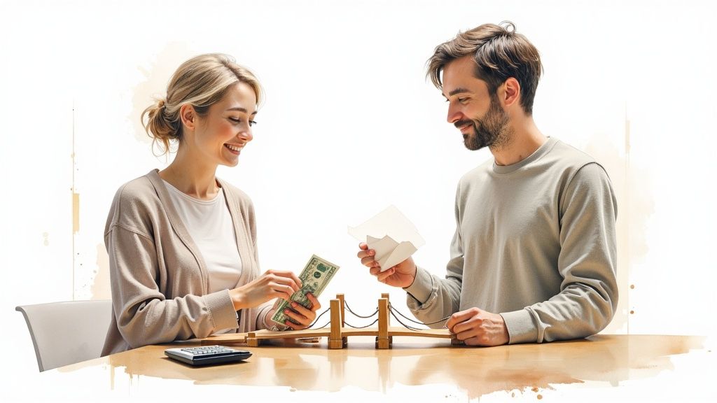 Couple discussing finances with cash and documents at a table, symbolizing collaboration in managing divorce costs in Texas.