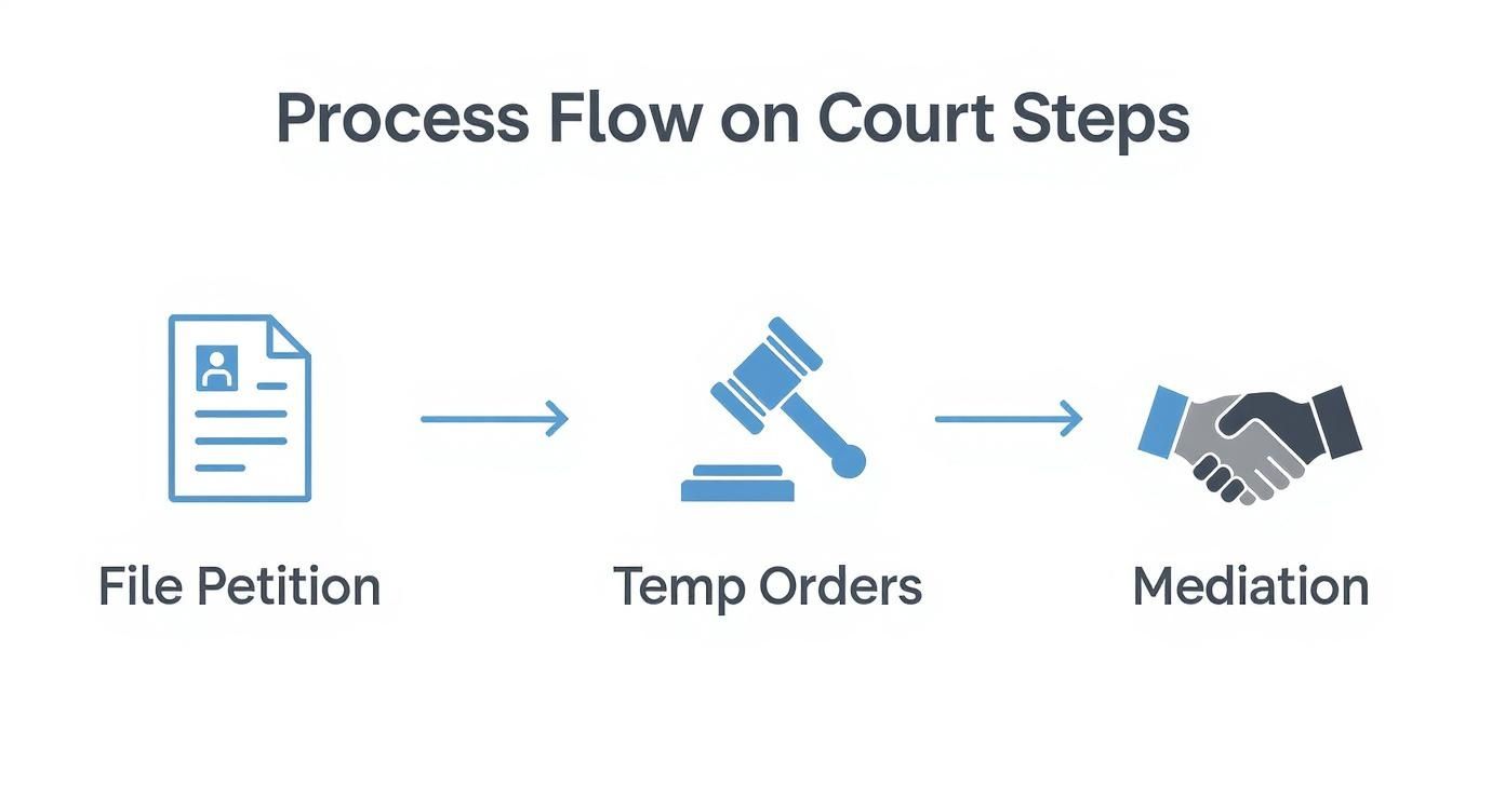 Process flow diagram illustrating court steps: filing petition, temporary orders, and mediation for child custody cases in Texas.