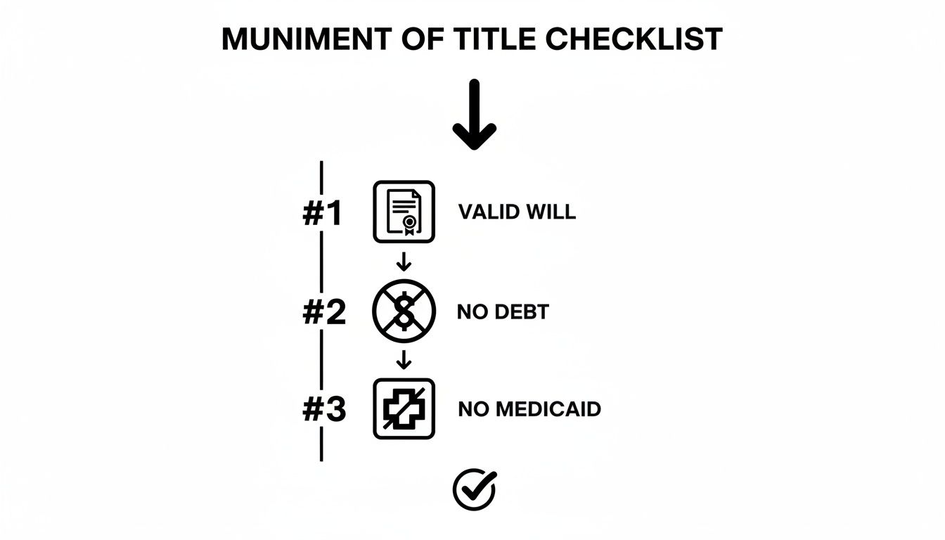 Muniment of title checklist illustrating steps: valid will, no debt, no Medicaid, emphasizing the simplified probate process in Texas.