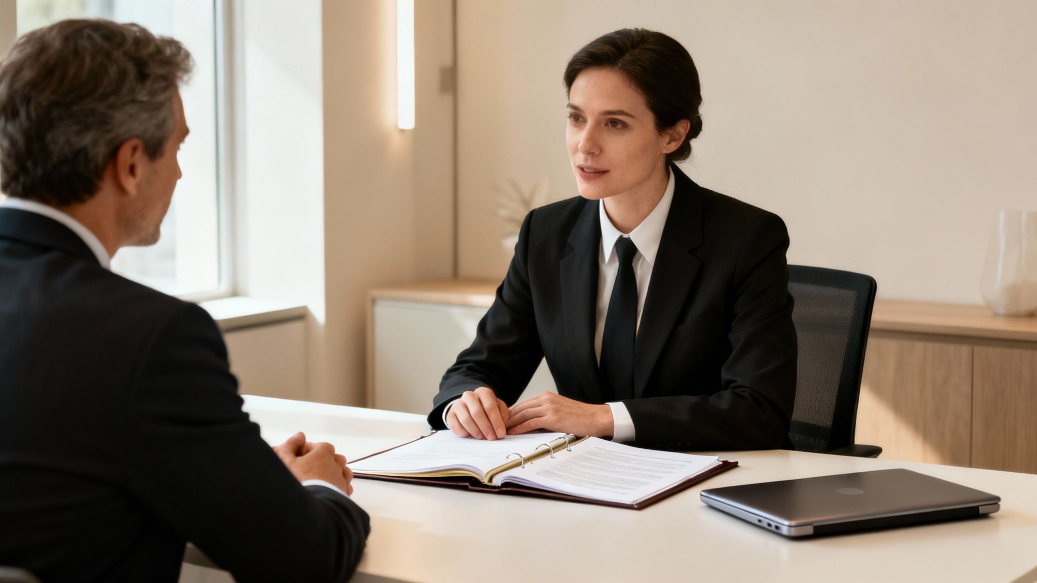 A female professional in a suit discusses documents with a male client in an office.