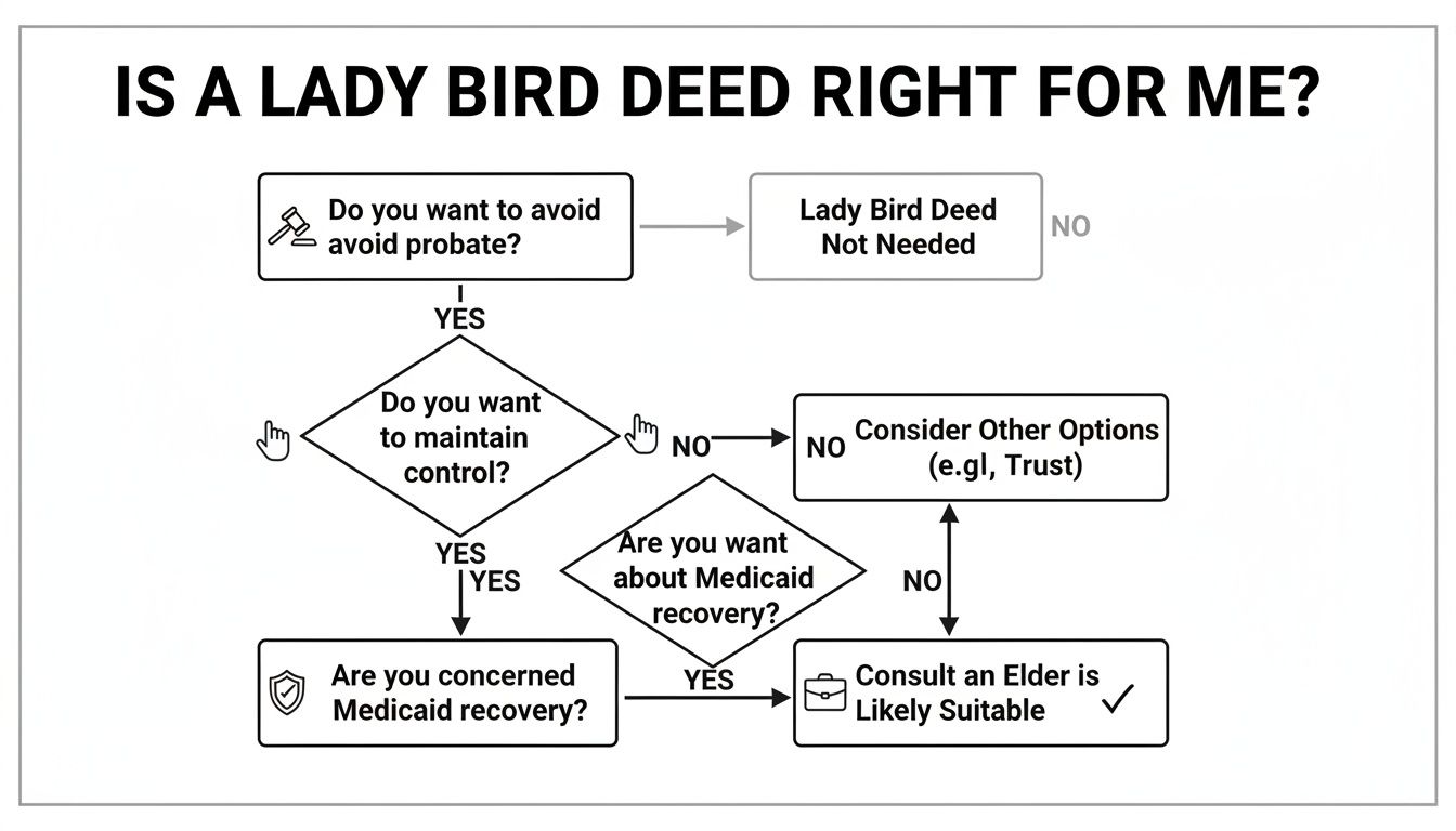 Flowchart guiding on Lady Bird Deed suitability based on probate, control, and Medicaid recovery concerns.