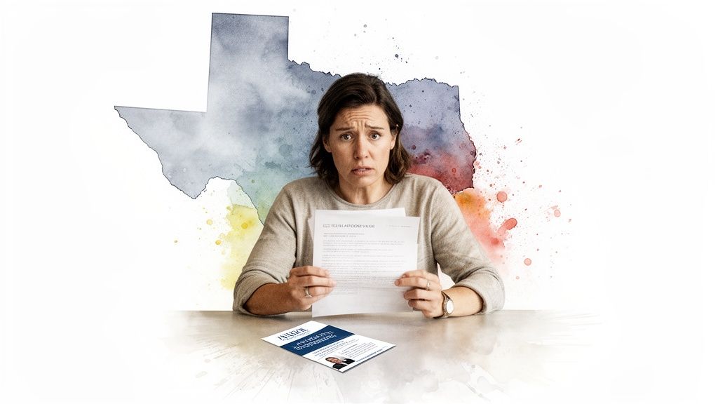 Woman looking concerned while holding divorce papers, Texas outline in background, representing grounds for divorce in Texas.