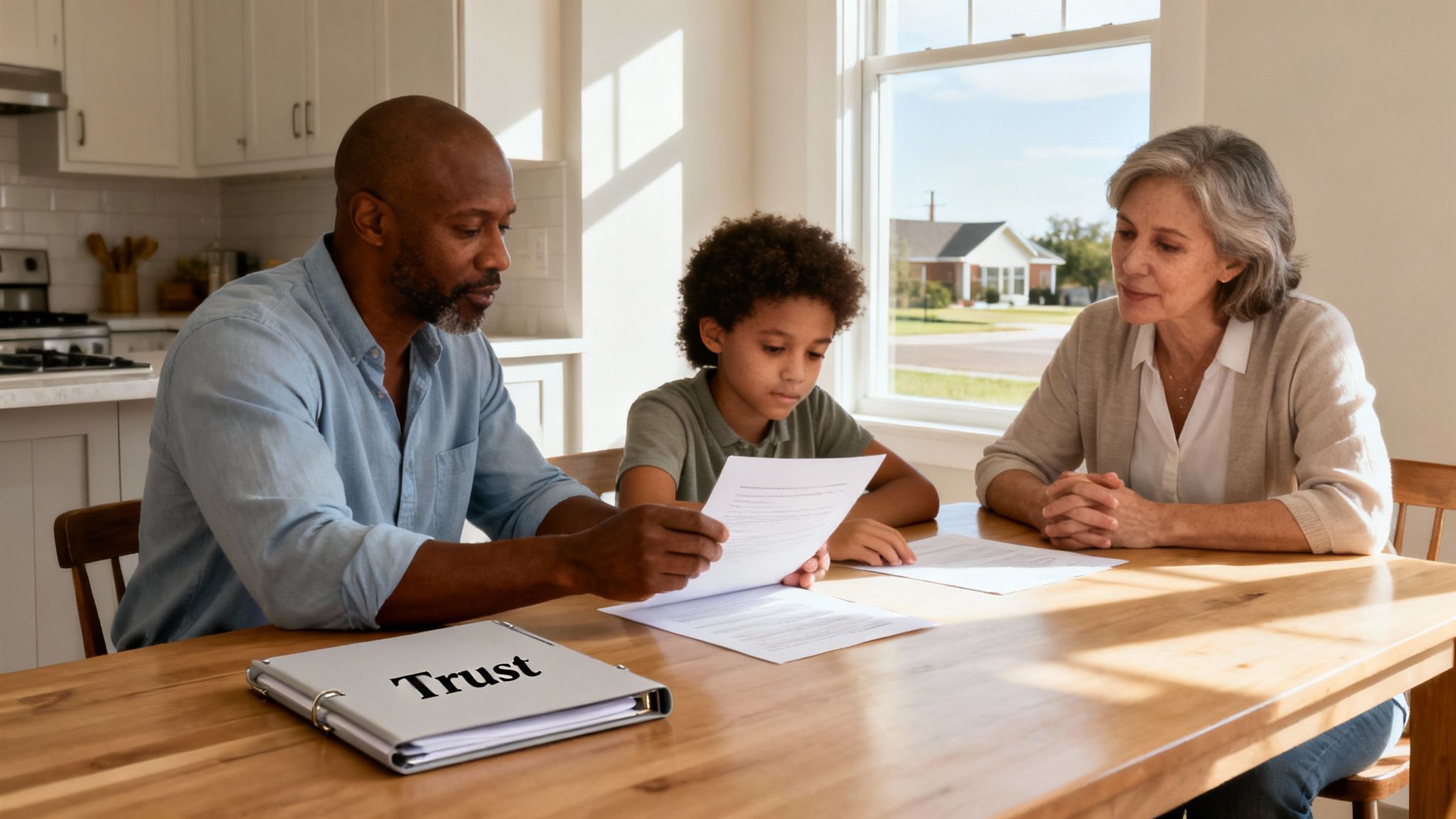 Family discussing trust documents at a table, with a visible binder labeled "Trust," emphasizing estate planning and asset management in Texas.
