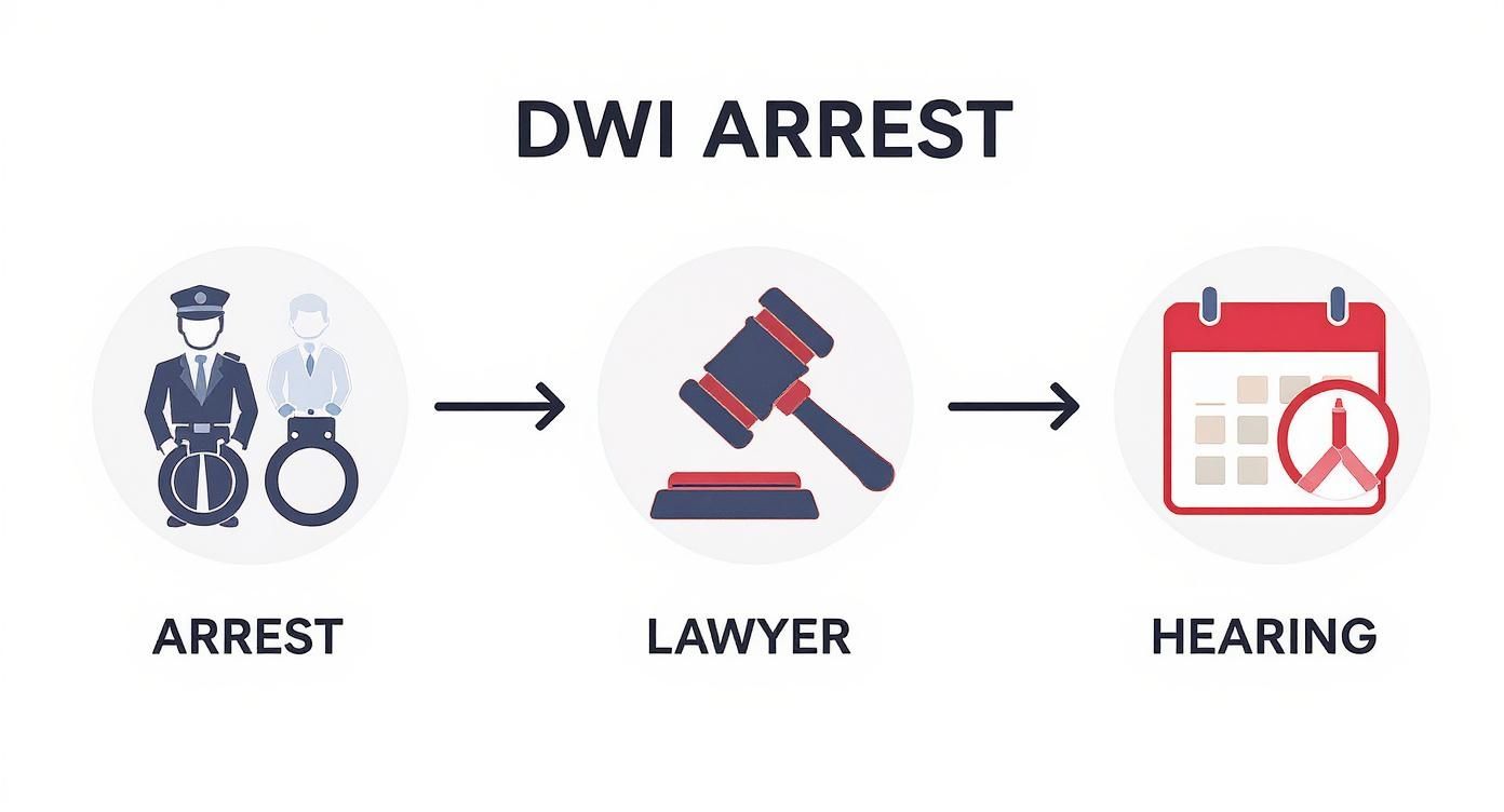 DWI arrest process infographic illustrating steps: arrest by police, hiring a lawyer, and scheduling a hearing, emphasizing legal actions after a DWI charge in Texas.