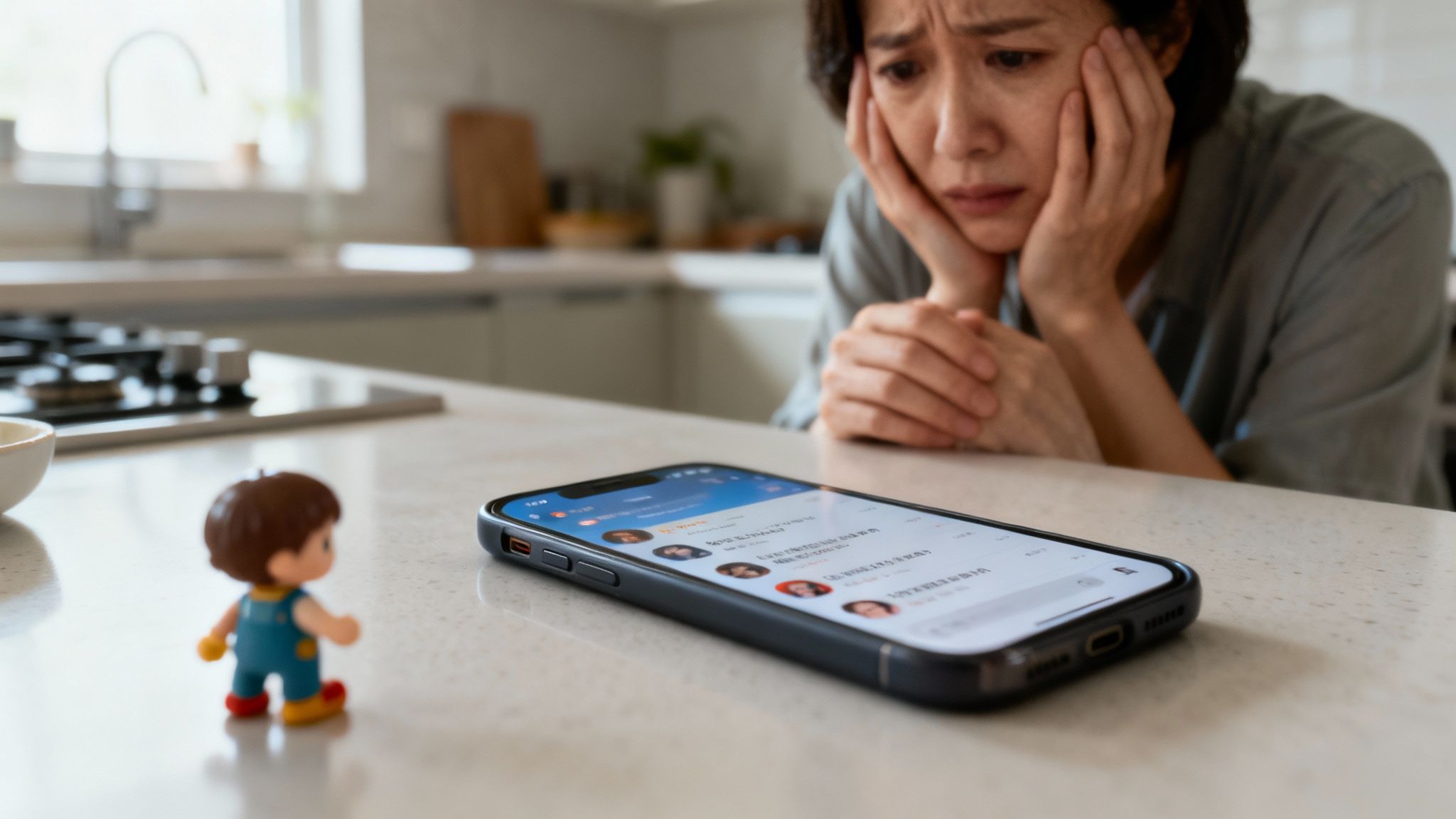 Woman looking worried while sitting at a kitchen table, hands on her face, with a smartphone displaying messaging app notifications and a small toy figure nearby, illustrating the emotional strain of child custody issues in Texas.