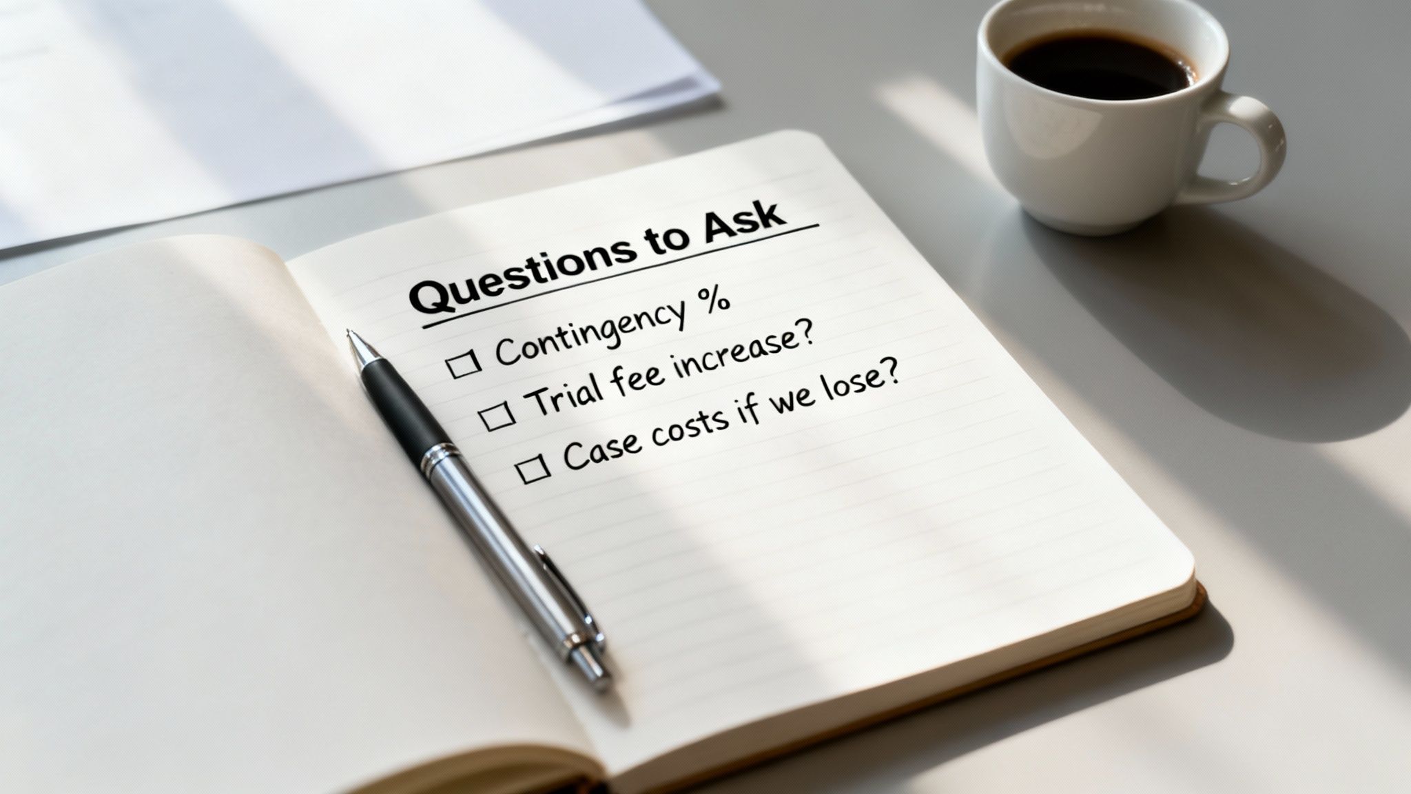 A checklist in a notebook detailing questions for an attorney about fees and potential costs.