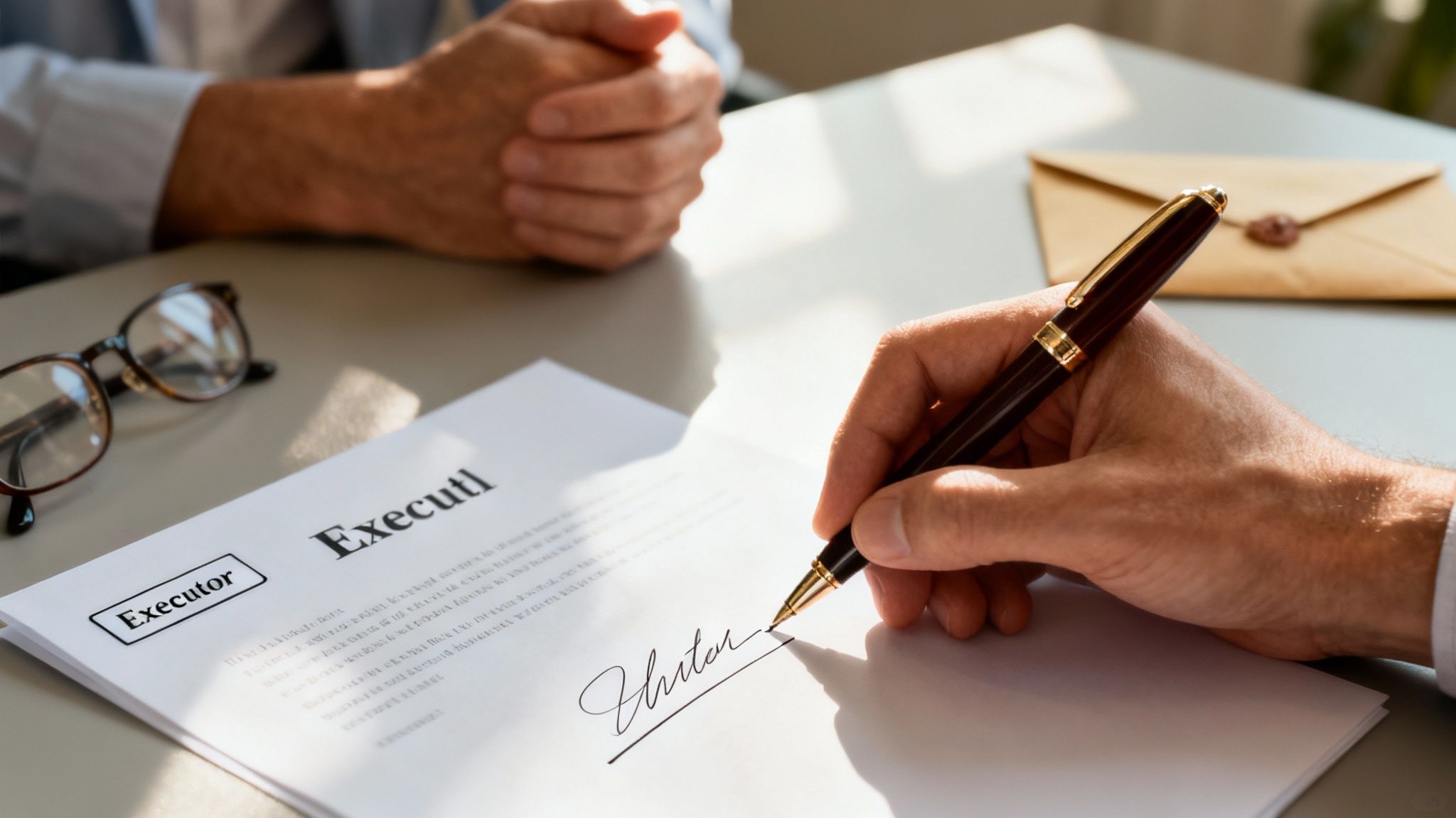 A person's hand signs a legal document labeled 'Executor' with a pen, another person observes.