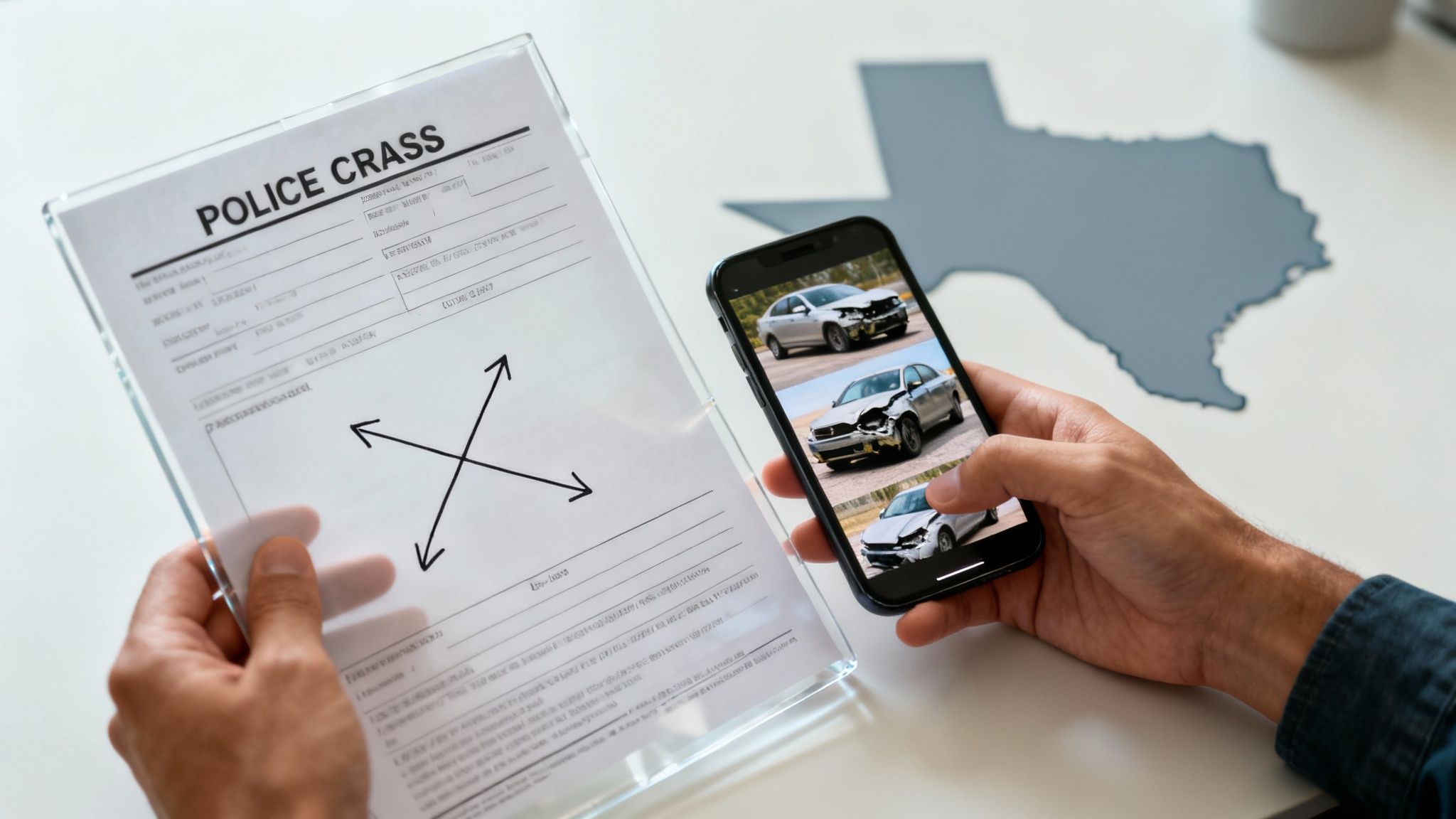 A legal scale of justice is shown, symbolizing the process of proving liability in a Texas car accident case.