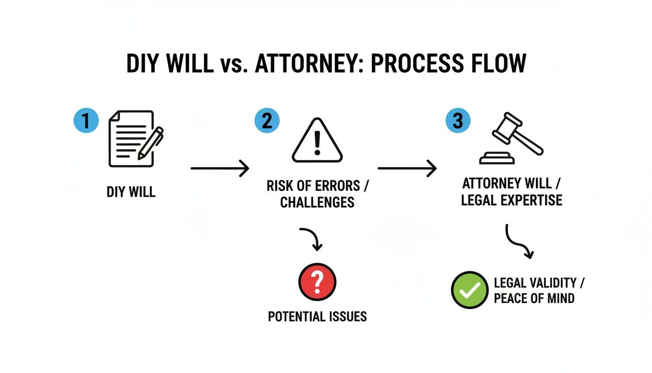 DIY will versus attorney process flow highlighting risks of errors and legal expertise for valid will creation.