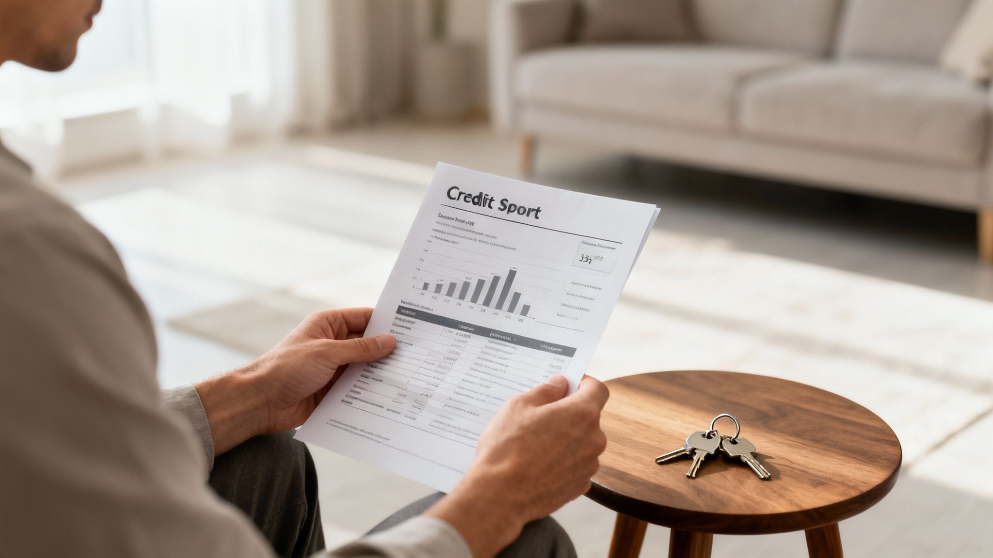 A person reviews a credit report document, with house keys resting on a wooden table beside them.