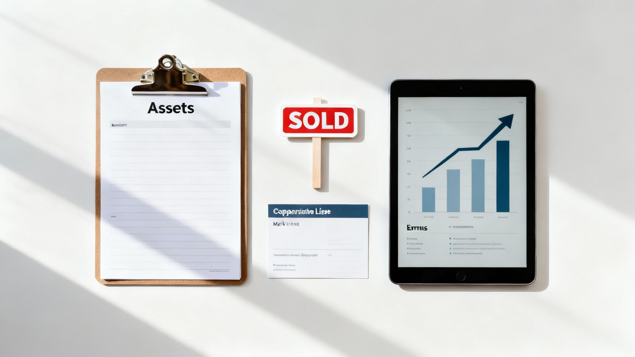 Flat lay of business assets, including a clipboard, a 'SOLD' sign, a tablet with a financial graph, and a business card.